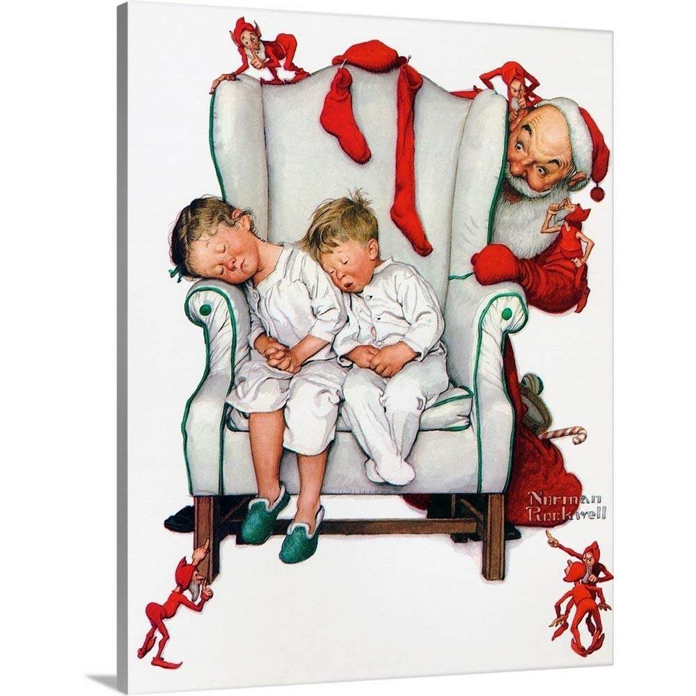 Santa Filling Stockings Canvas Wall Art Print - Christmas Holiday Home Decor for Living Room, Bedroom & Office