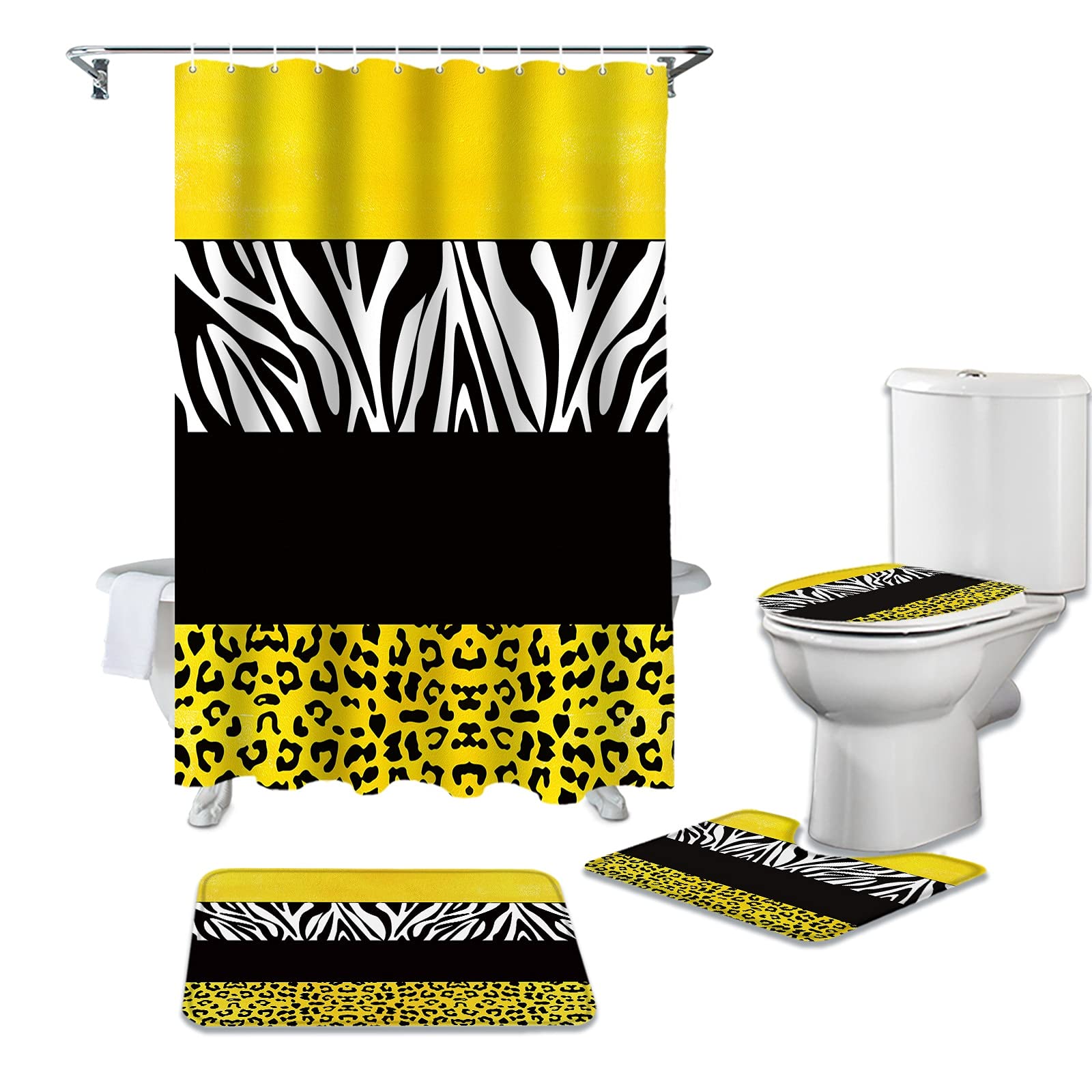 WWGBHJL 4-Piece Shower Curtain Set - Yellow Leopard & Zebra Stripe Bathroom Decor with Anti-Slip Mat - Waterproof Polyester Fabric for Bath Tub, Toilet Cover & Home Decoration - Perfect for Modern & Jungle Theme Bathrooms