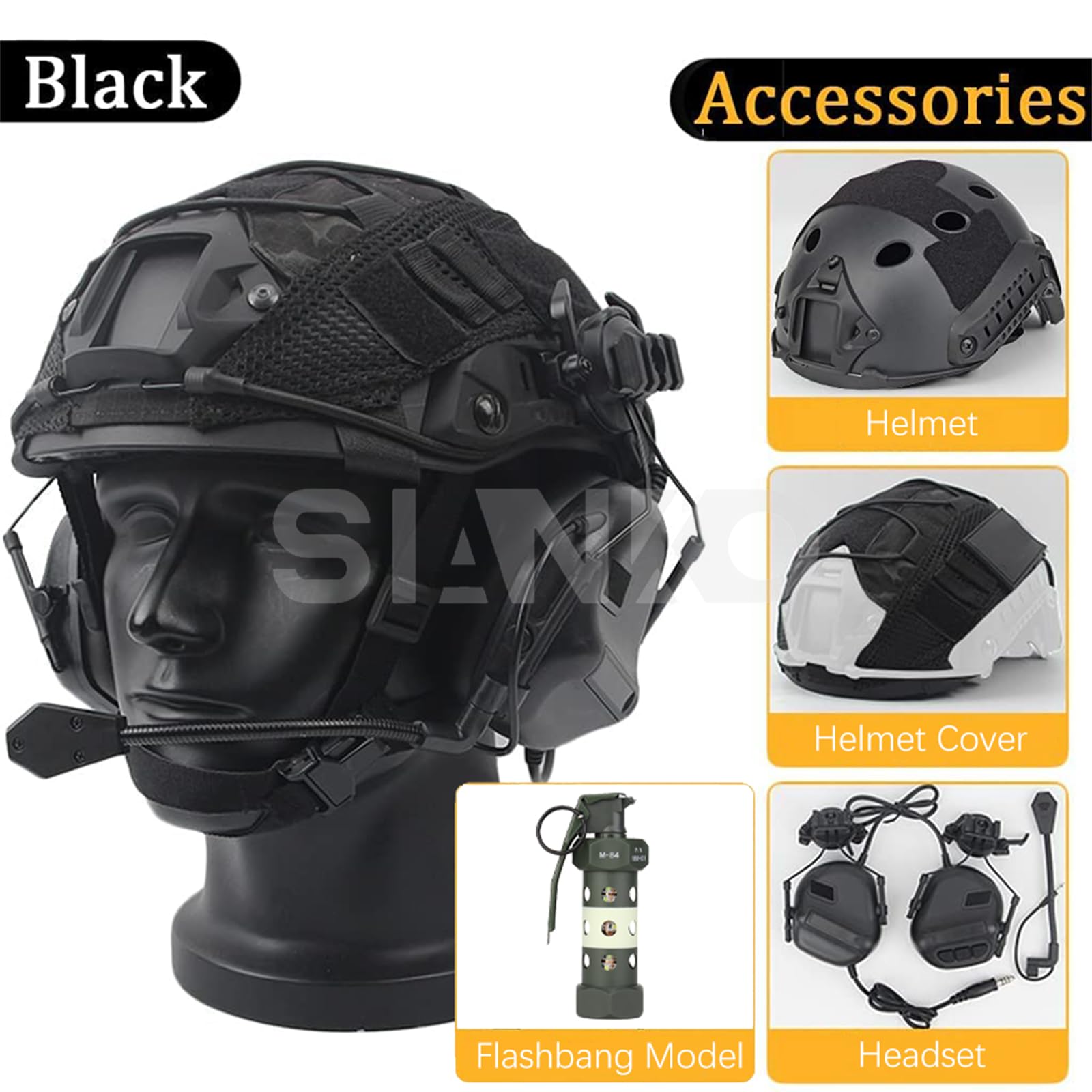 Tactical Paintball & Airsoft Fast PJ Helmet Set with Headset, Helmet Cover, Dummy Flashbang & LED Light - Perfect for Hunting, CQB, CS & Military Simulation Games