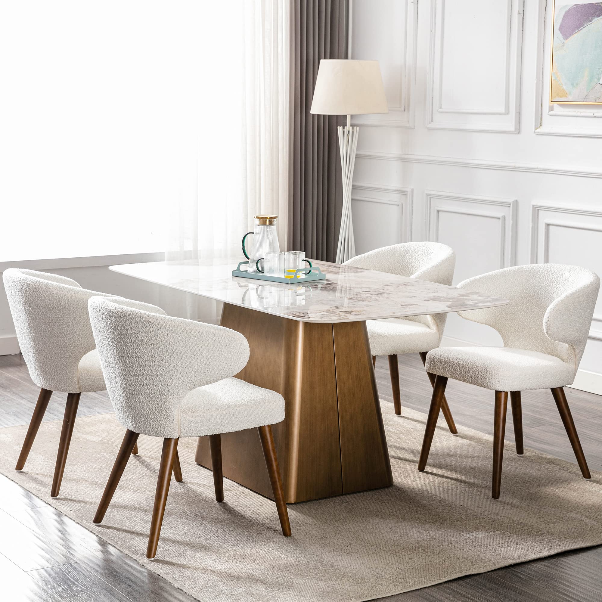 Mid Century Modern Sherpa Boucle Dining Chairs Set of 2 - Upholstered Curved Wingback Accent Arm Chairs with Solid Wood Legs in White | Perfect for Dining Room, Living Room & Home Office Decor