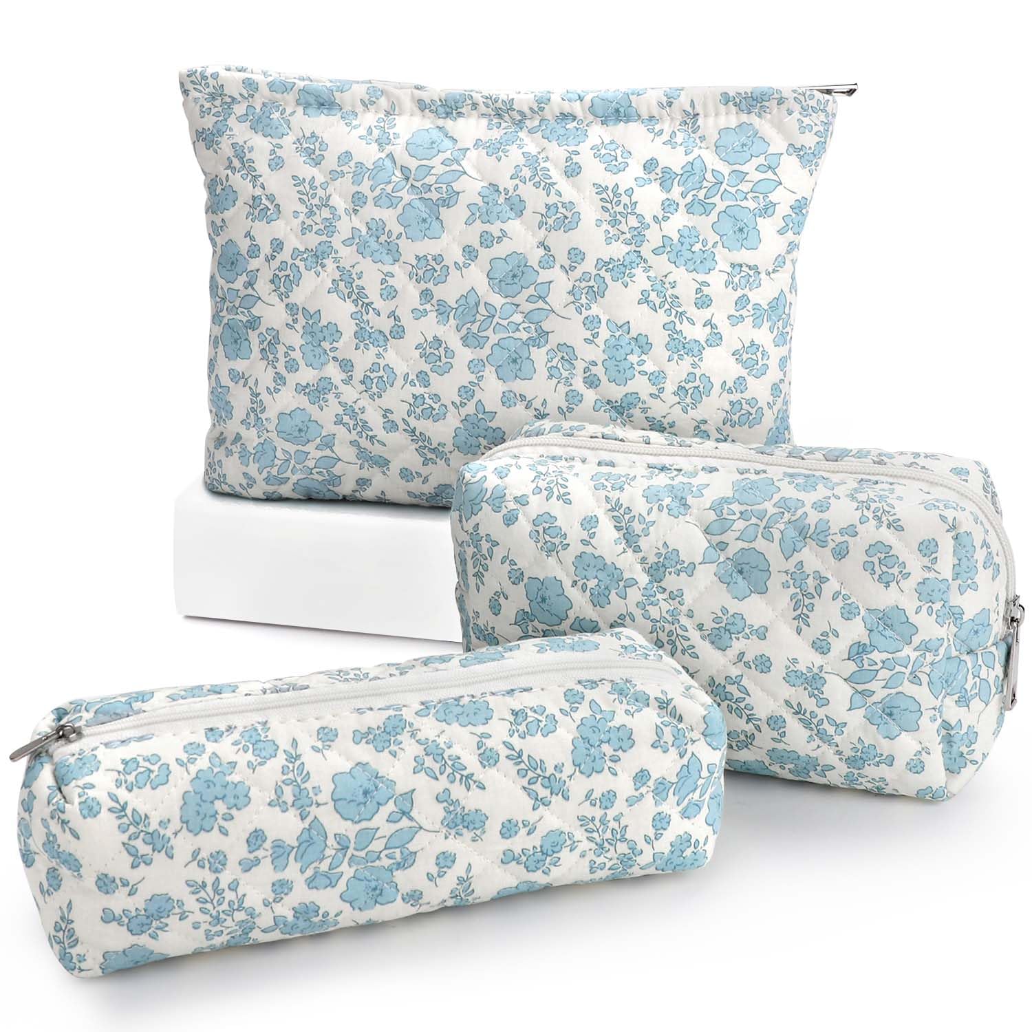 EIMMBD 3-Piece Large Waterproof Makeup Bag Set for Women | Travel Cosmetic Organizer Pouch (Blue & White) | Perfect for Travel, Gym, Daily Storage & Beauty Essentials | Great for Vacation Packing, Toiletry Storage, Makeup Artist Kits & On-the-Go Organization | Compact & Spacious Design for Cosmetics, Skincare & Personal Care Items
