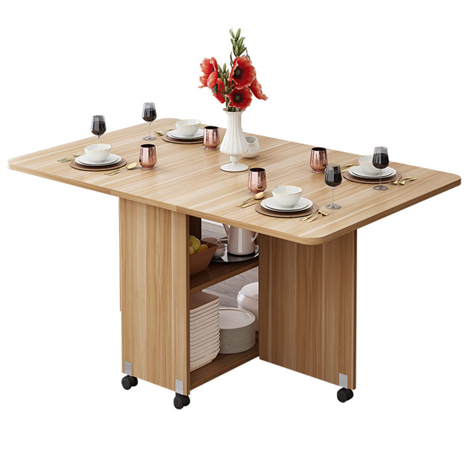 Modern Expandable Folding Dining Table with 2 Storage Racks & Wheels - Space Saving Drop Leaf Kitchen Table for Small Spaces - Perfect for Kitchen, Living Room, Home Office & Studio Apartments (1.4M)