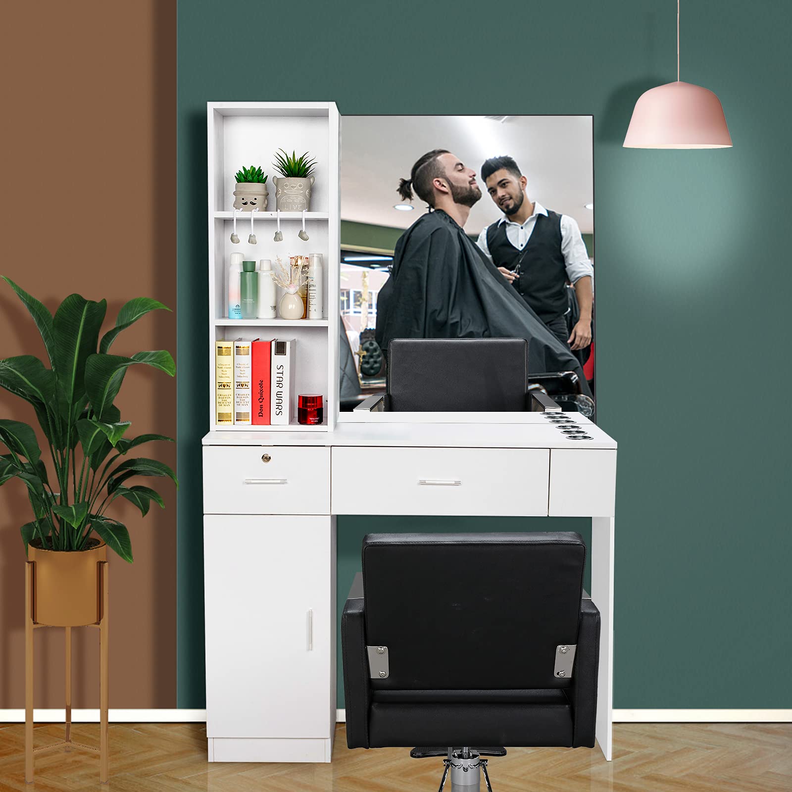 OmySalon Professional Barber Station with Wall Mount Mirror - Hair Stylist Salon Equipment with 3 Hair Dryer Holders, Open Shelves, 2 Drawers & Storage Cabinet - White | Perfect for Salon, Barbershop & Home Beauty Setup