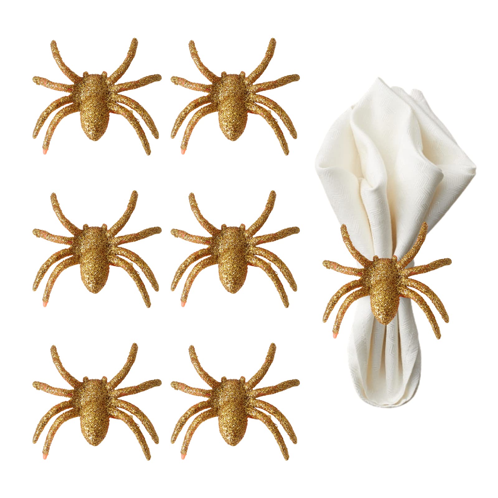 Jeerbly 6PC Spider Napkin Rings - Halloween Thanksgiving Decor, Glitter Alloy Tableware for Spooky Autumn Parties