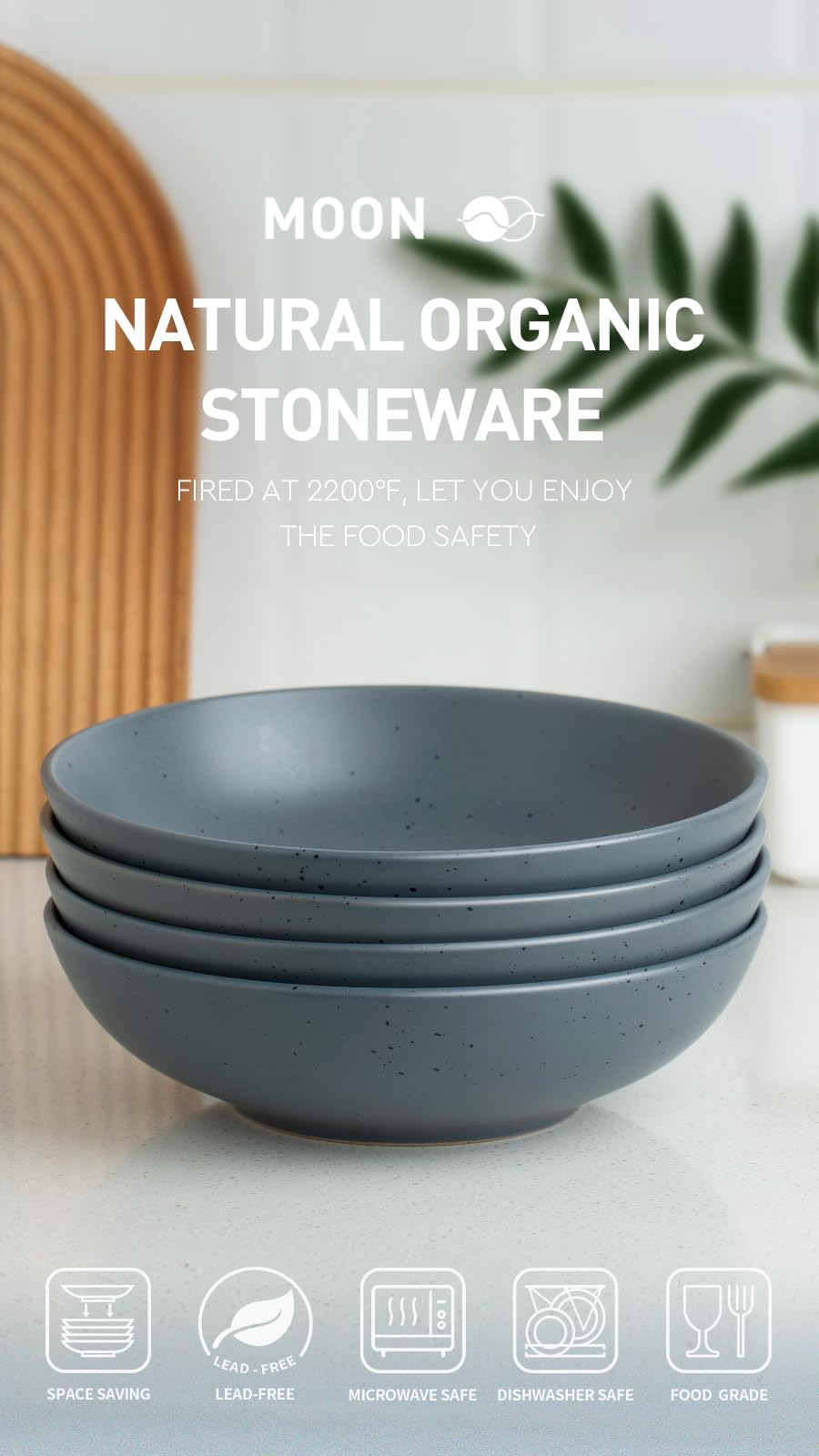 Famiware 8.75 Inch Ceramic Moon Pasta Bowls Set of 4 - Large Microwave & Dishwasher Safe Salad Serving Bowls for Dinner, Soup, Pasta - Elegant Charcoal Gray Tableware for Restaurants & Home Dining