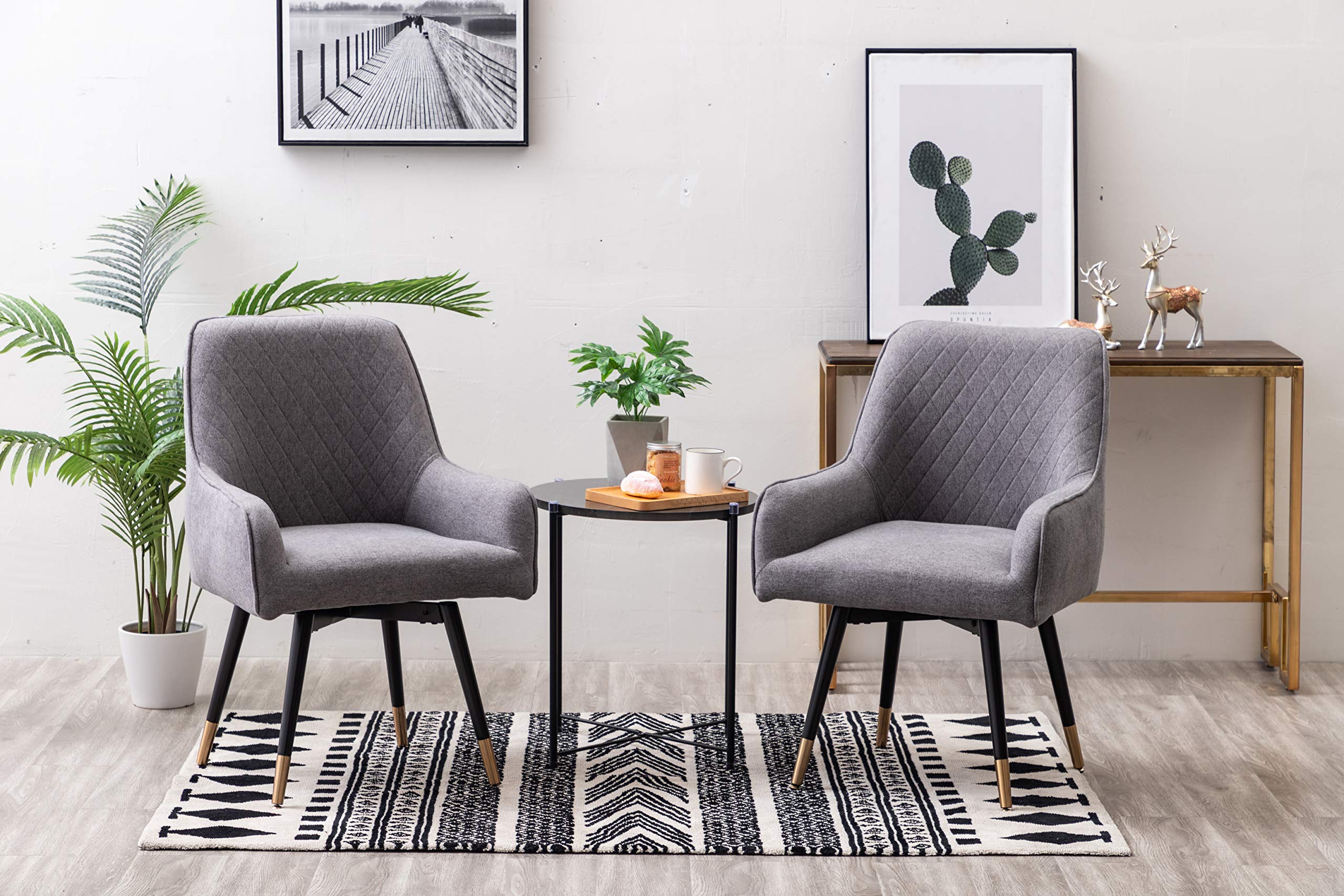 2 Pack Swivel Dining Chairs - Gray Upholstered Accent Chairs with Non-Slip Rubber Caps & Arms for Living Room, Kitchen, Dining Room & Office - Modern Home Furniture Set
