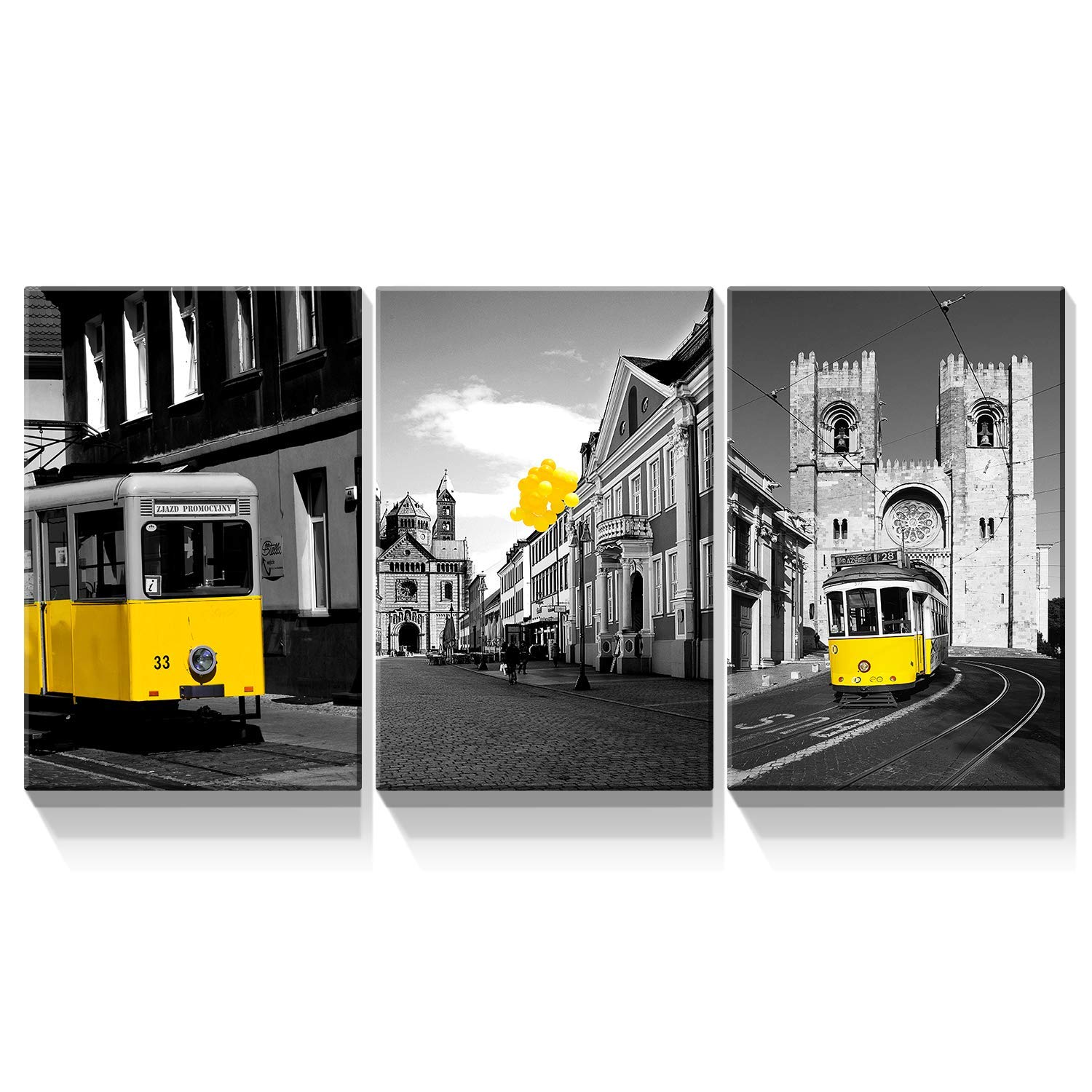 Denozer - 3 Panel Modern Black and White Urban Canvas Wall Art - Stretched & Framed Ready to Hang - 16x24 Inches - Home Decor for Living Room, Bedroom & Office