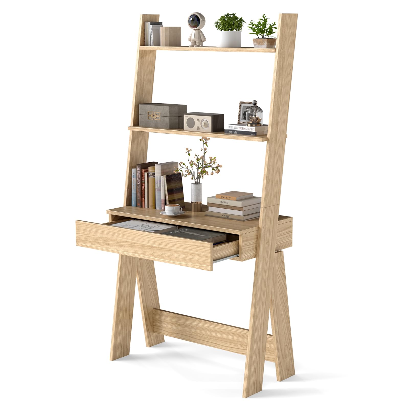 Tangkula Space-Saving Ladder Desk with Wooden Countertop & Storage Drawer - Compact Home Office Computer Table with Open Shelves & Anti-Tip Safety Kit - Wall-Leaning Workstation for Small Spaces (Natural Wood Finish) - Perfect for Dorm Rooms, Studio Apartments & Home Office Setups