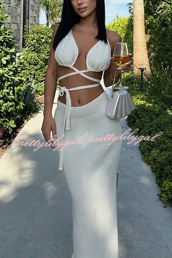 Sexy Solid Color Lace-Up Swimsuit & Knitted Elastic Slit Maxi Skirt Set - Perfect for Beach Vacations, Pool Parties, and Summer Getaways