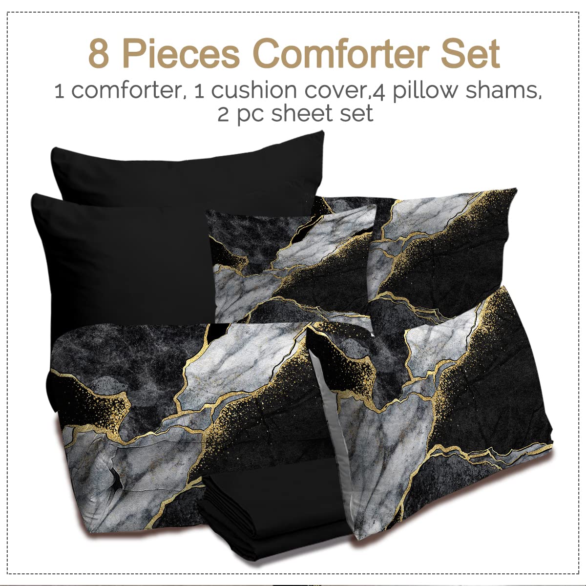 BlessLiving Black Gold White Marble Comforter Set King - 8 Piece Luxury Modern Bed in a Bag with Comforter & Sheets, Abstract Design Bedding Set for Master Bedroom, Guest Room & Hotel Decor
