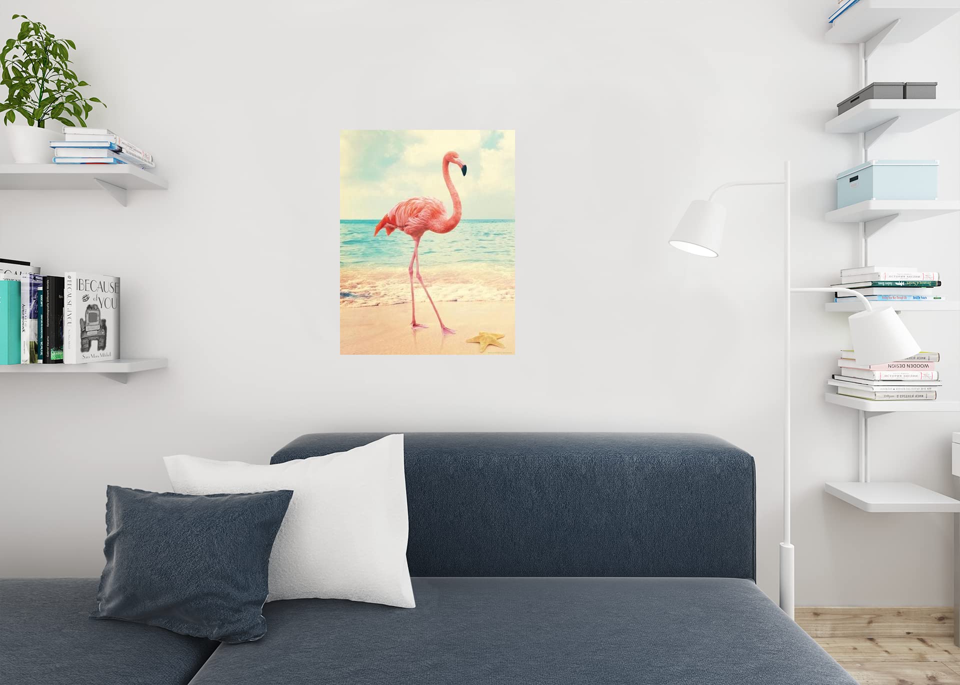 Flamingo on Beach with Starfish - Tropical Flamingo Wall Art Print, Pink Flamingo Bird Wildlife Poster (24x36) - Perfect for Beach Theme Bathroom Decor, Coastal Living Room, or Tropical Nursery Wall Art