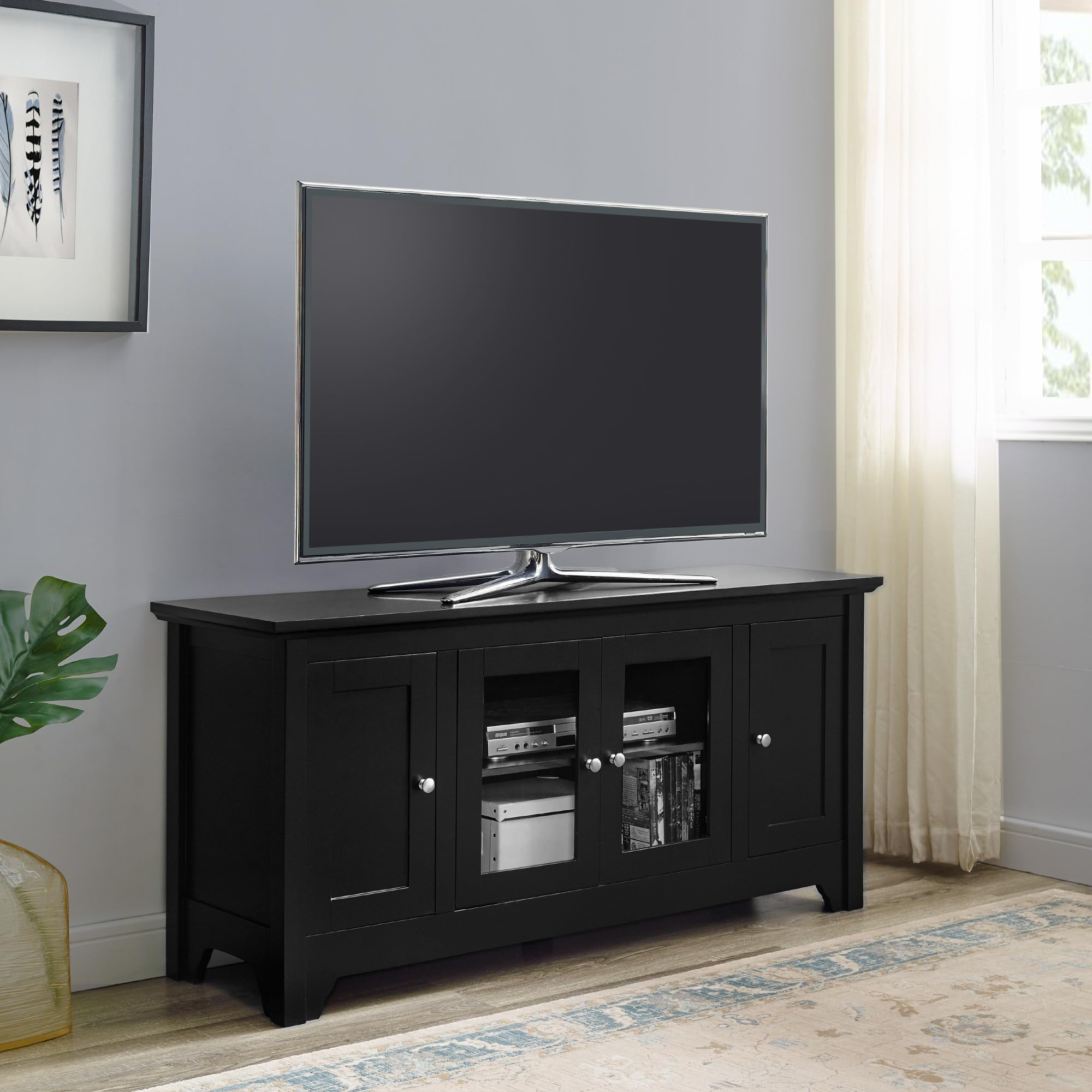 Walker Edison 52 Inch Black Universal TV Stand with Storage Cabinets for TVs up to 58