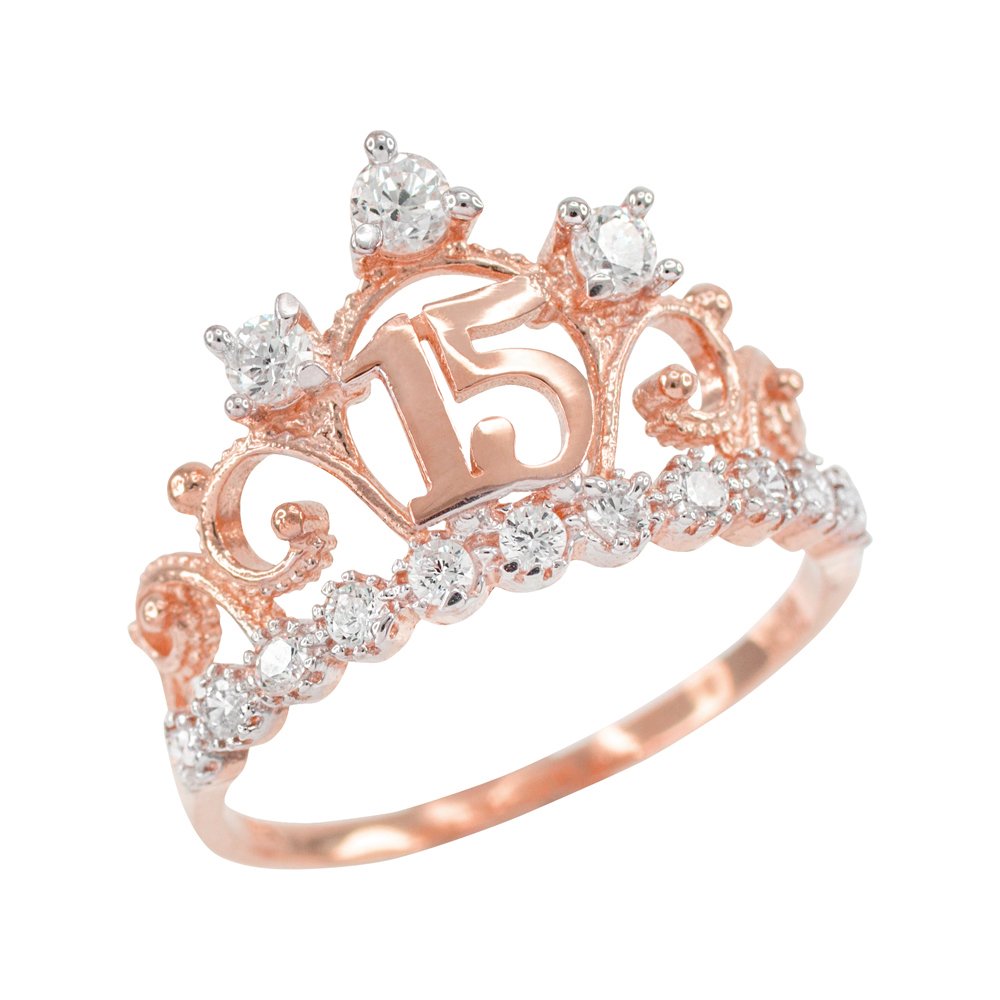 14K Rose Gold Cubic Zirconia Tiara Sweet 15 Años Quinceanera Crown Ring - Size 6.5 | Elegant Birthday Gift for Teen Girls, Quinceañera Jewelry, Sweet 16 Party Accessory, Prom Queen Crown Ring