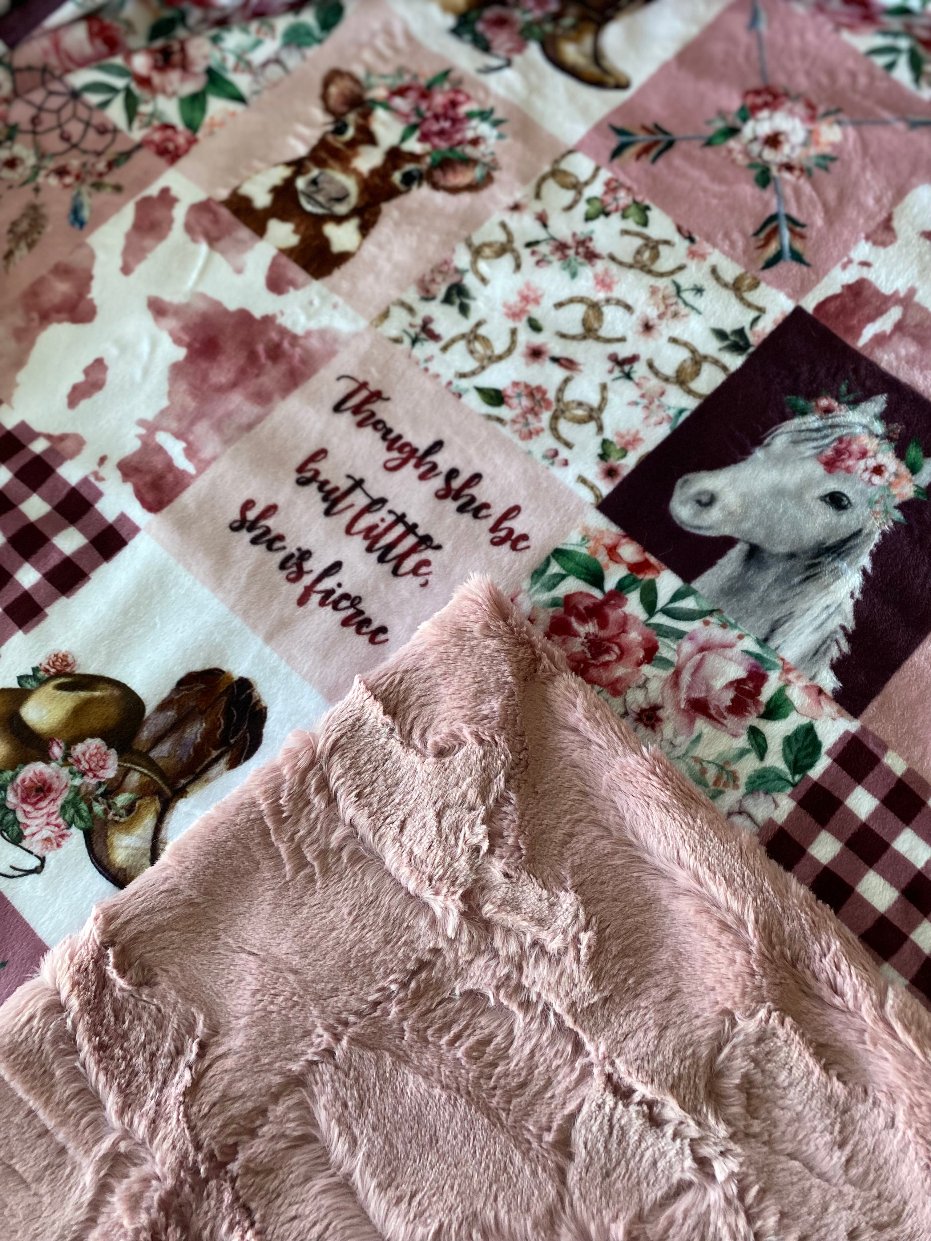 Soft Rosewater Minky Baby Blanket 37x39 Inches with Matching 13x18 Pillowcase - Cozy Cowgirl Themed Nursery Blanket for Cuddling, Swaddling & Photo Props