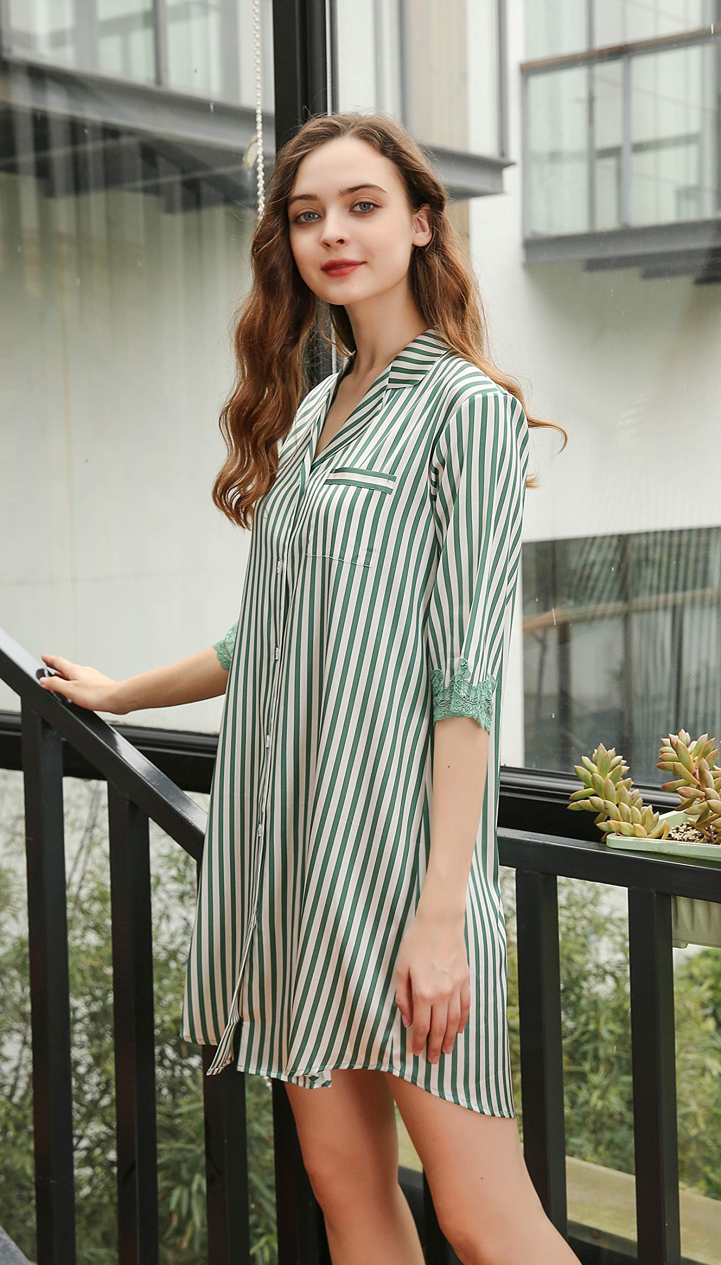 CLC Women's Silk Nightgown - Striped Printed Sleepwear Pajama Set for Comfortable Nights | Perfect for Lounge, Sleep & Relaxation at Home
