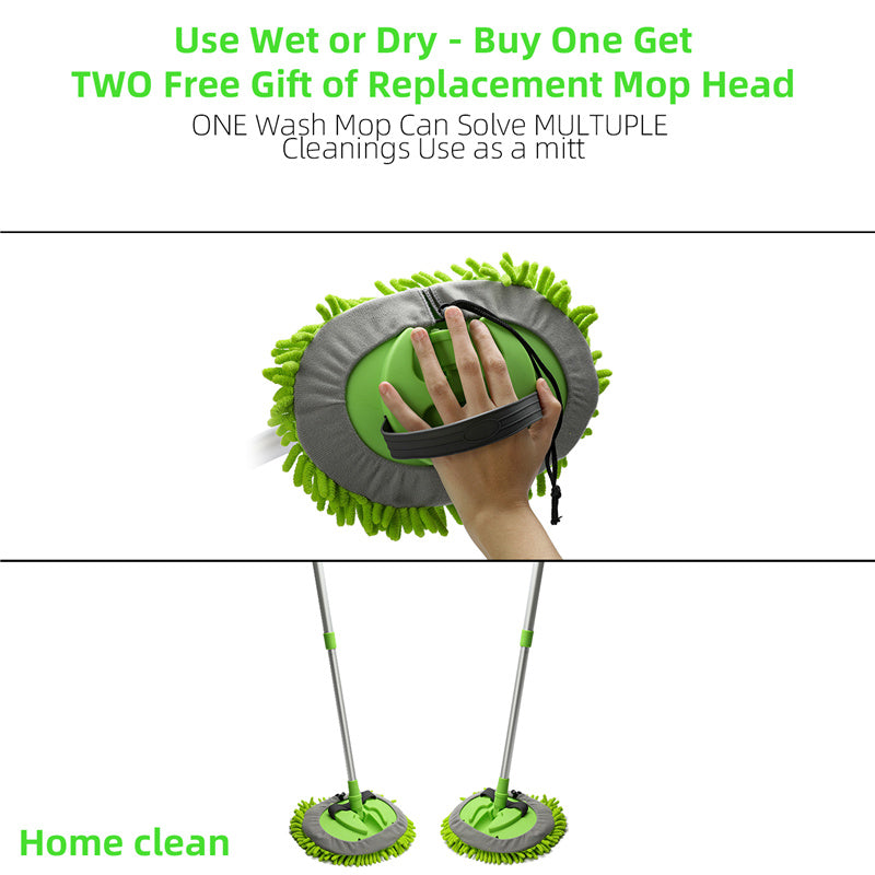 3 in 1 Chenille Wash Mop & Window Cleaner with Removable Car Wash Mitt (3.75 ft) - Perfect for Home, Car, and Window Cleaning - Multi-Surface Cleaning Tool for Floors, Vehicles, and Glass