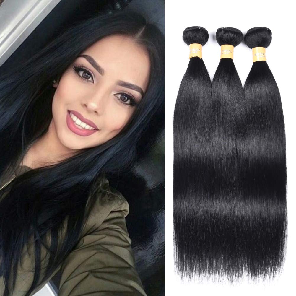 WOME 3-Pack Peruvian Silky Straight Virgin Human Hair Bundles | Unprocessed 100% Human Hair Weaves | 14
