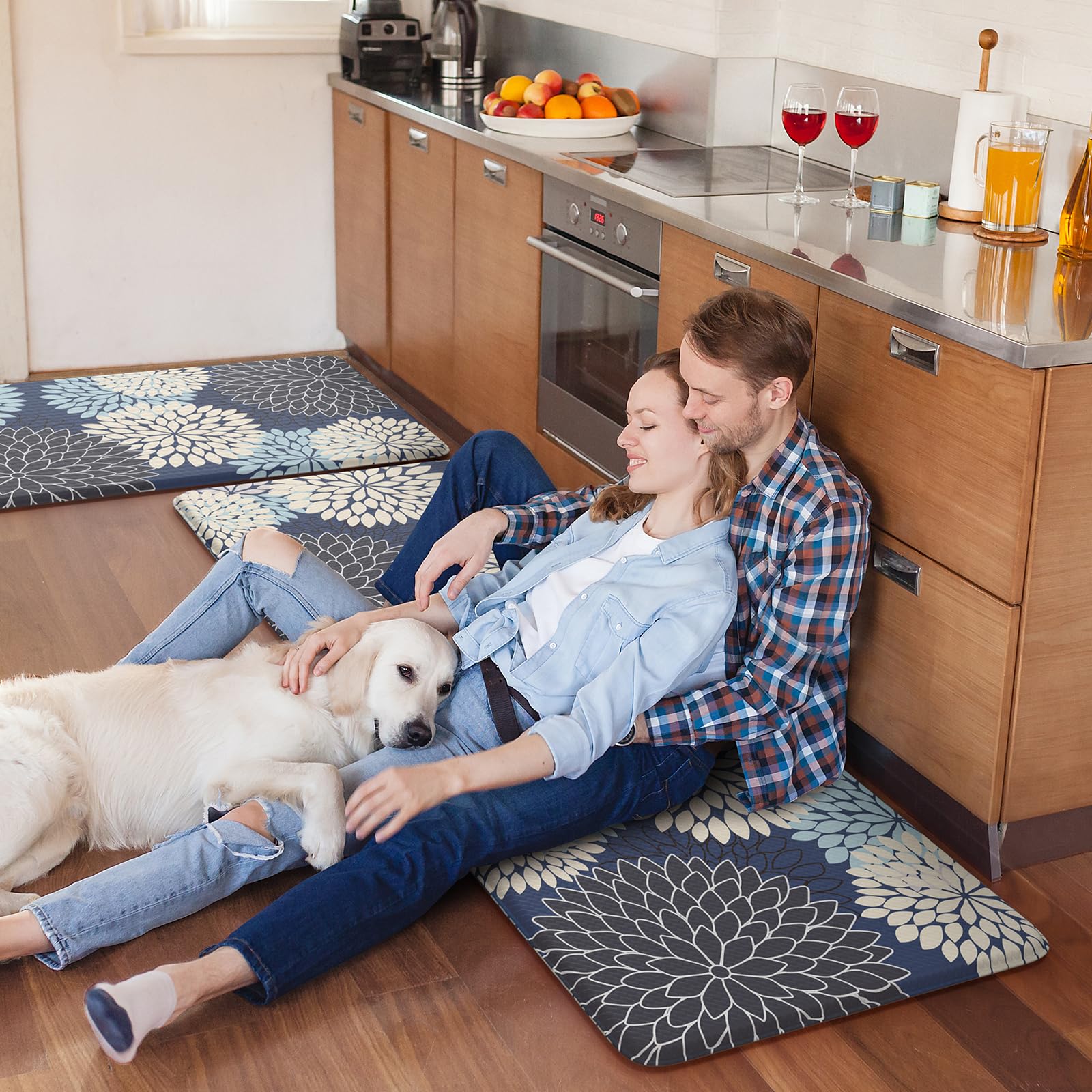 Anti-Fatigue Kitchen Mats 2-Pack - Non-Slip Boho Farmhouse Rugs with Cushioned Support & Waterproof Rubber Backing for Standing Comfort in Kitchen, Laundry, Sink & Office (Multi-Blue) - Perfect for Cooking, Dishwashing & Long Work Hours