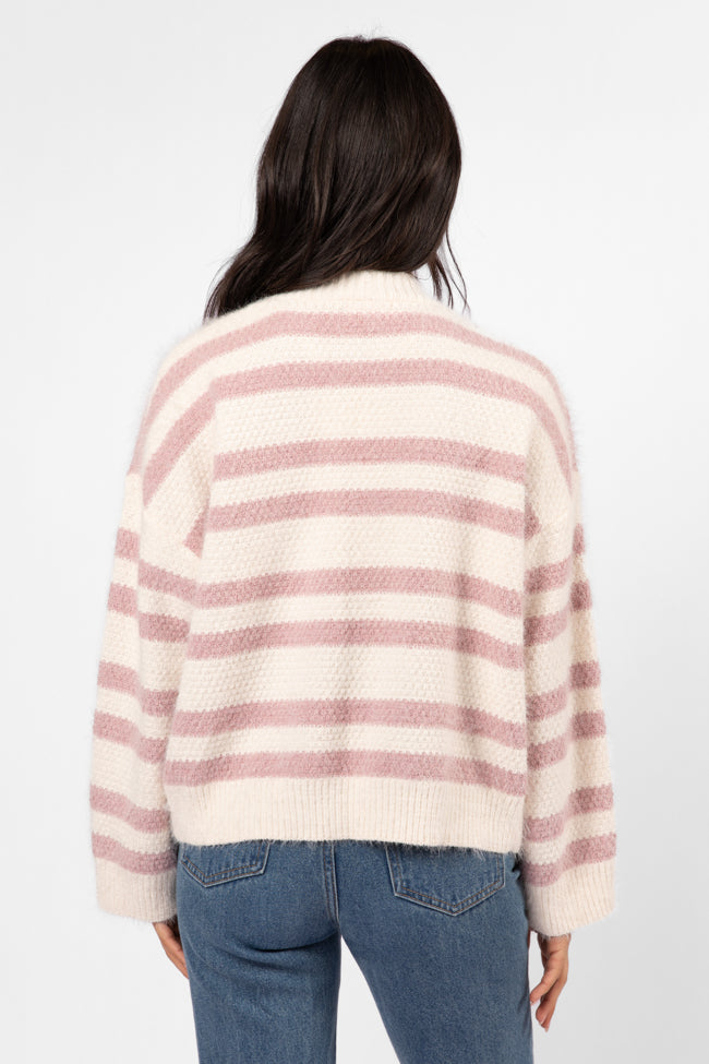 Cozy Mauve & Cream Striped Fuzzy Cardigan for Women - Soft & Warm Knit Sweater - Perfect for Fall & Winter Outfits, Casual Wear & Layering