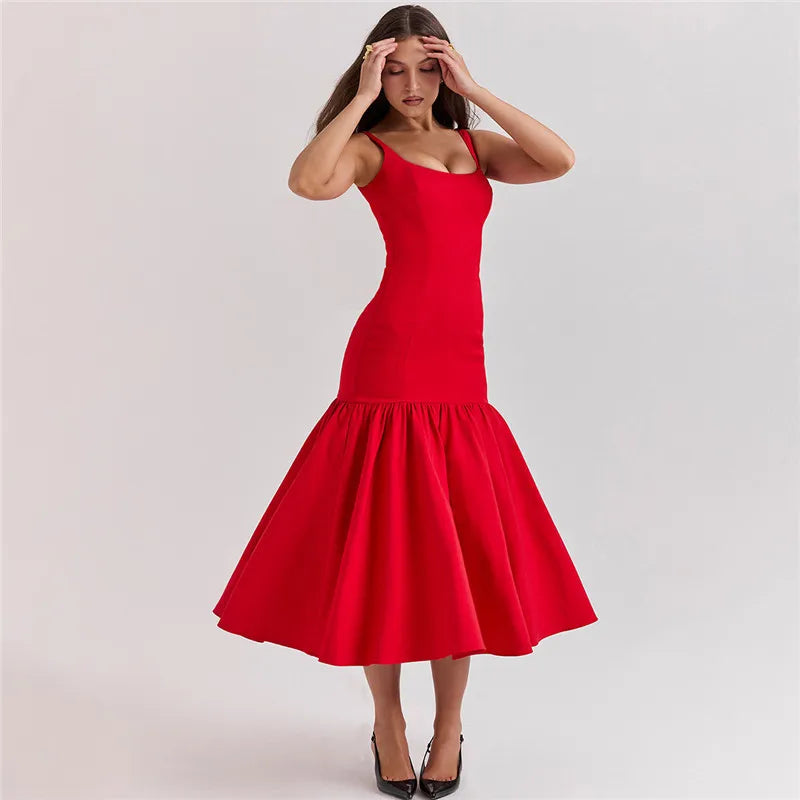 Elegant Backless Maxi Fishtail Dress for Women - Square Collar Sleeveless Loose Pleated Long Gown | Perfect for Evening Parties, Weddings & Special Occasions