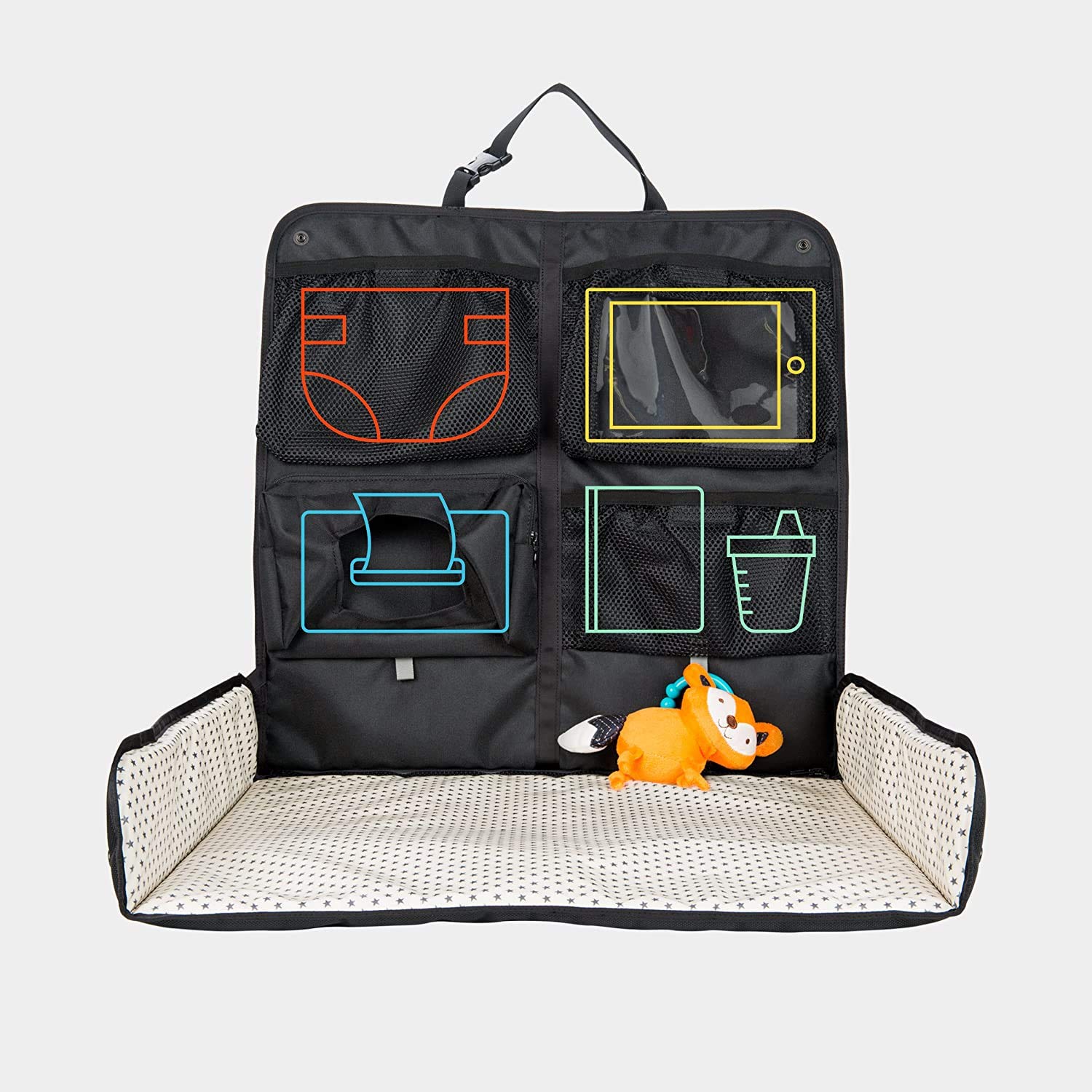 Portable Baby Diaper Changing Station for Car - Waterproof, Detachable with Toy Loops, 4 Pockets, Wet Wipes Holder & Tablet Holder | Multi-Use as Tummy Time Mat, Kick Mat | Perfect for Travel, Nursery & On-the-Go Parents (LUMI - Black with Ministars)
