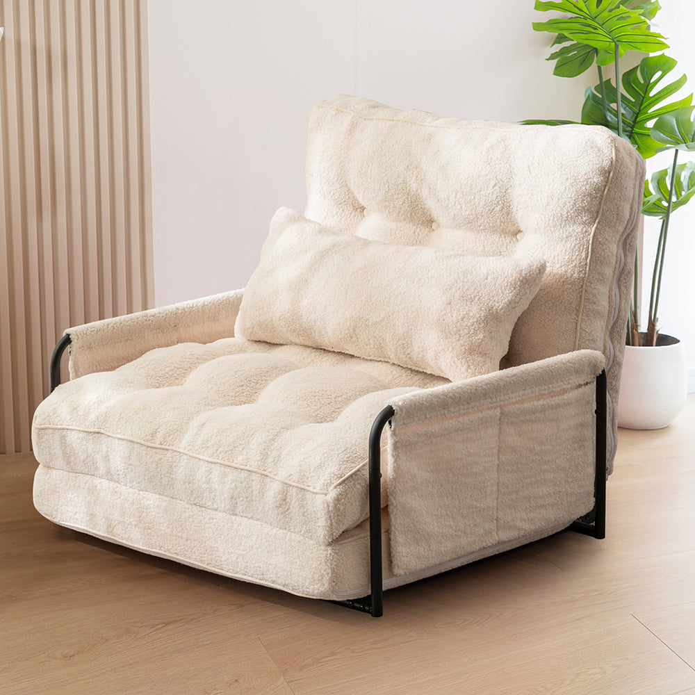 MAXYOYO Adjustable Floor Sofa Couch with Pillow - Boucle Convertible Lazy Sofa Sleeper Bed with Armrest - Single Size Beige - Perfect for Small Spaces, Living Rooms & Guest Beds