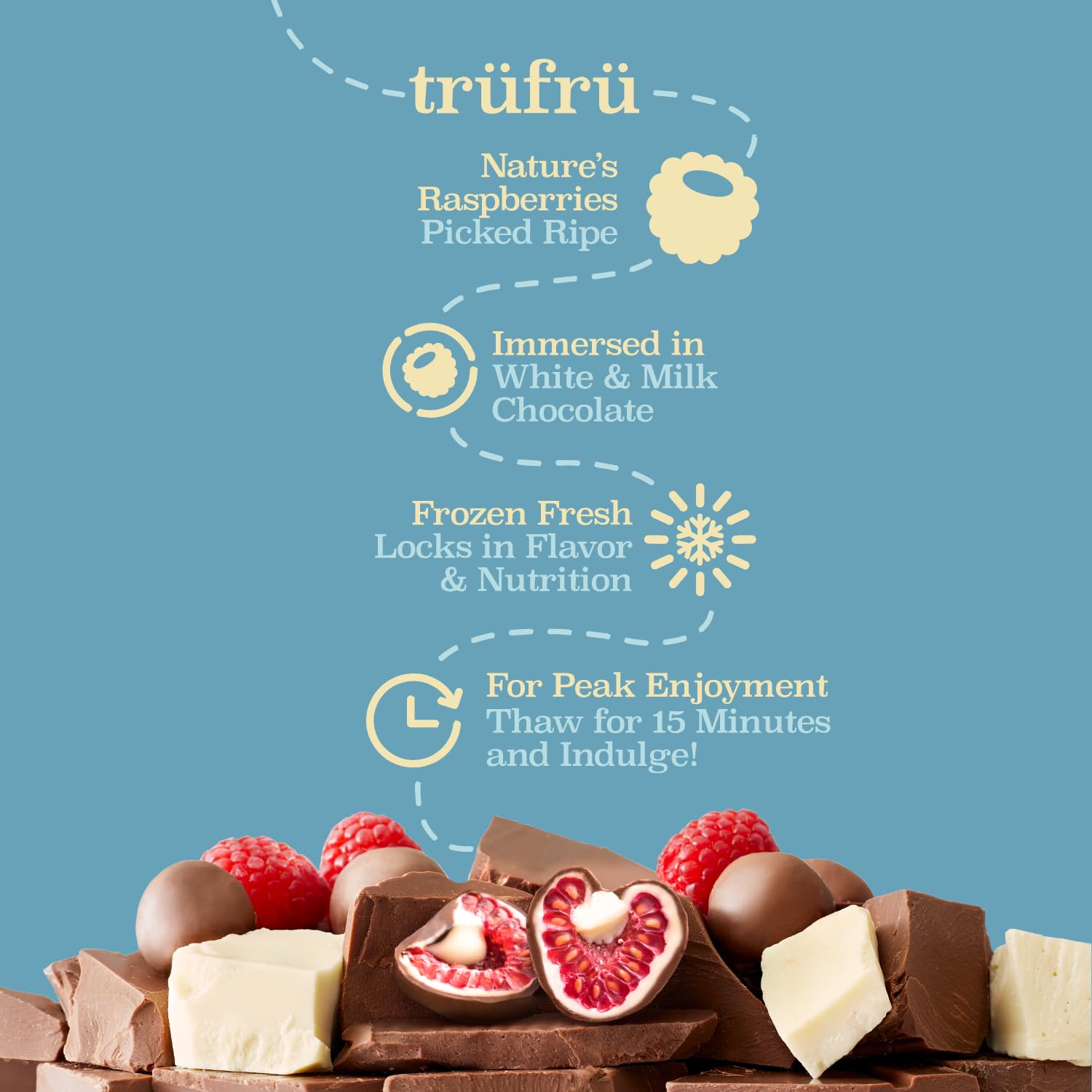 Tru Fru Nature's Raspberries Hyper-Chilled in White & Milk Chocolate - 8oz Bag | Gourmet Frozen Chocolate Covered Berries for Desserts, Snacking & Gift Giving