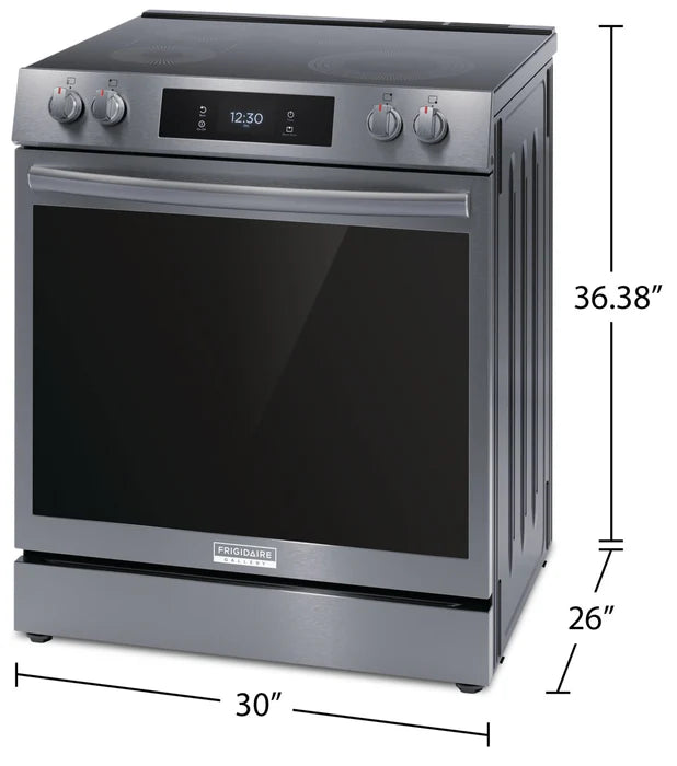 Frigidaire Gallery GCFE306CBD 30-Inch Black Stainless Steel Front Control Electric Range with Total Convection - Perfect for Home Kitchens & Modern Cooking