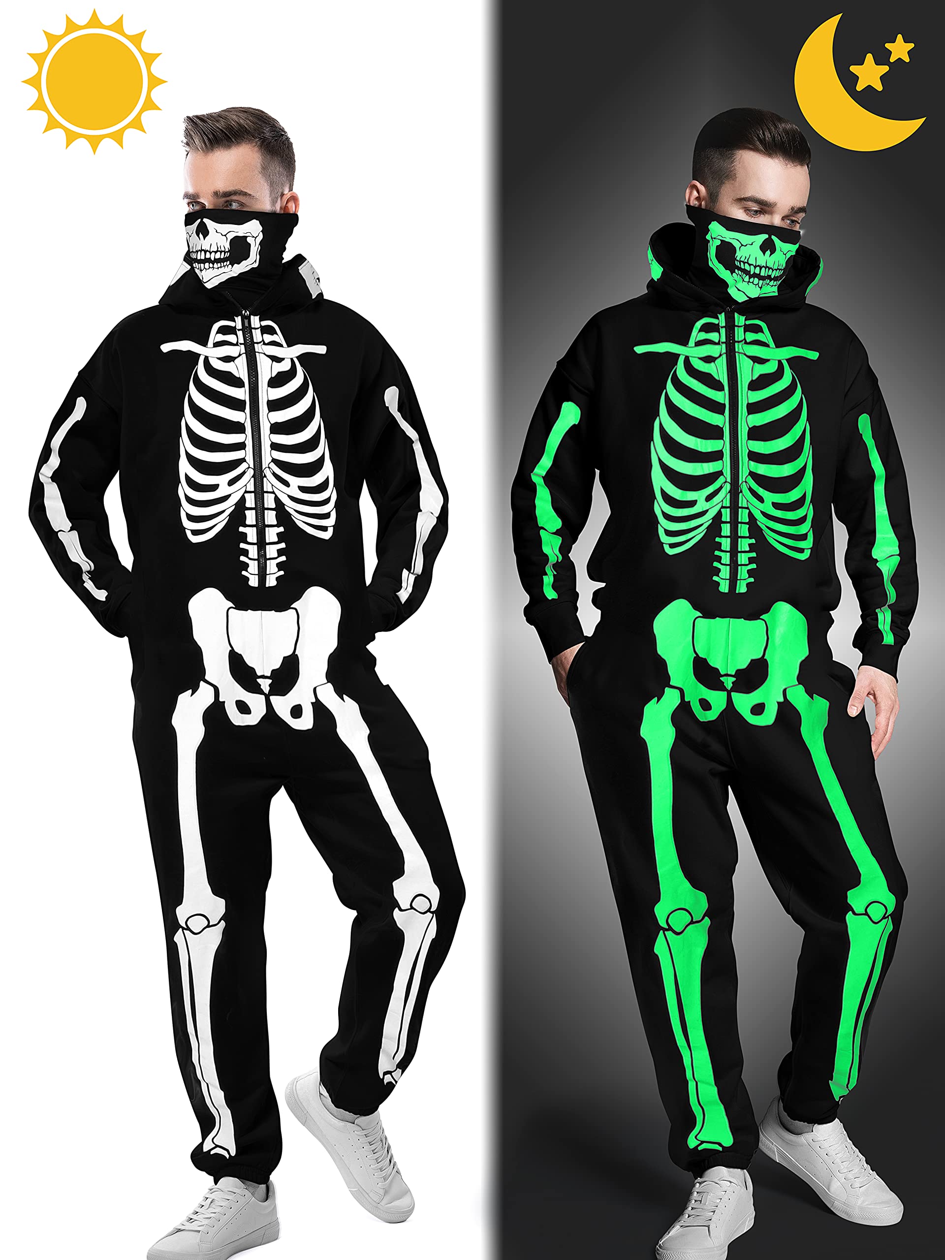 Glow in the Dark Skeleton Costume for Men - Halloween Skeleton Onesie Pajama with Skull Face Cover - Adult Jumpsuit Set for Halloween Parties, Cosplay & Themed Events