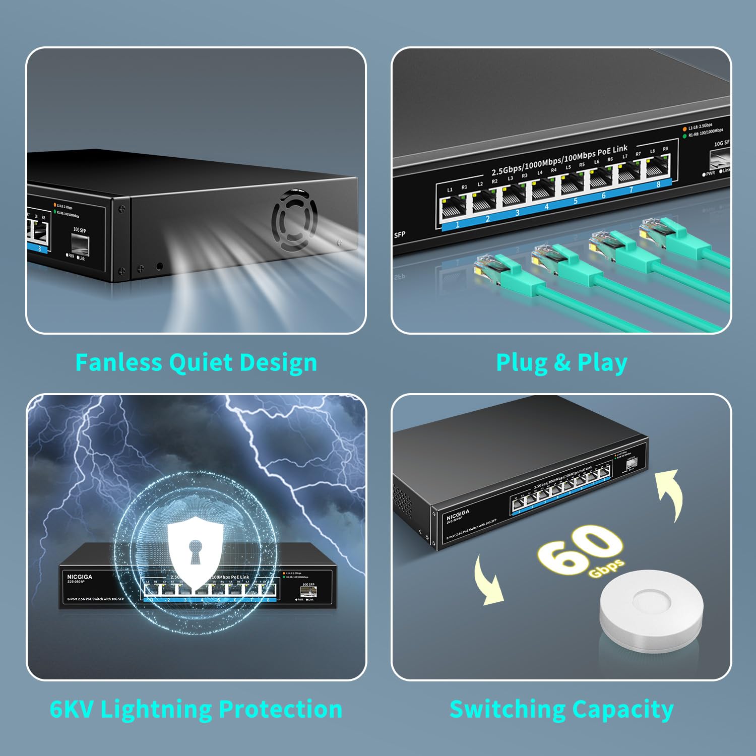 8 Port 2.5G PoE Switch Unmanaged - 8 x 2.5GbE PoE+ @120W with 10G SFP Uplink - IEEE 802.3af/at Compliant - Ideal for WiFi6 Access Points, NAS Storage, 4K PoE Security Cameras & NVR Systems - Perfect for Home Office & Business Network Setup