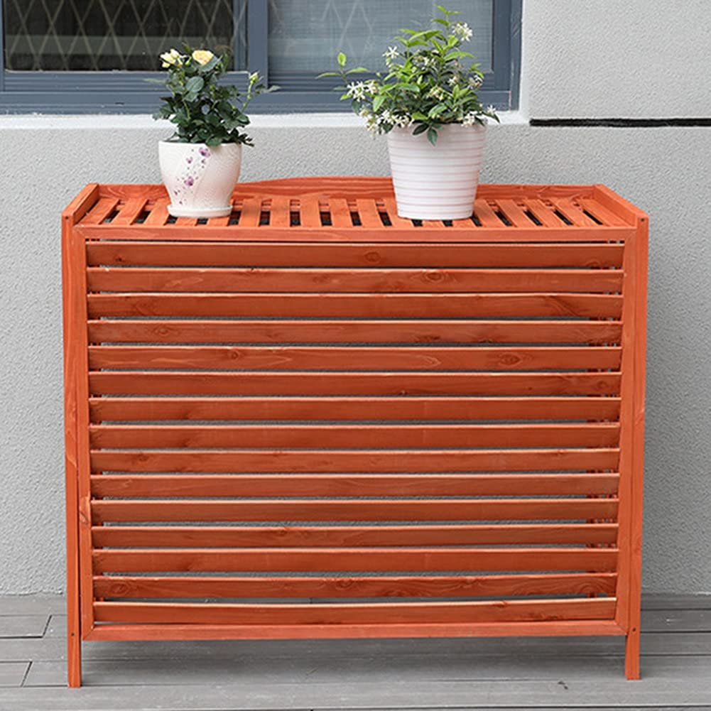 Wooden Air Conditioner Cover with Plant Shelf - Ventilated Dustproof Sunproof Design with Tie Ropes for Dryer & Fan - Perfect for Home, Garden & Laundry Room (Orange, 110x58x109cm)