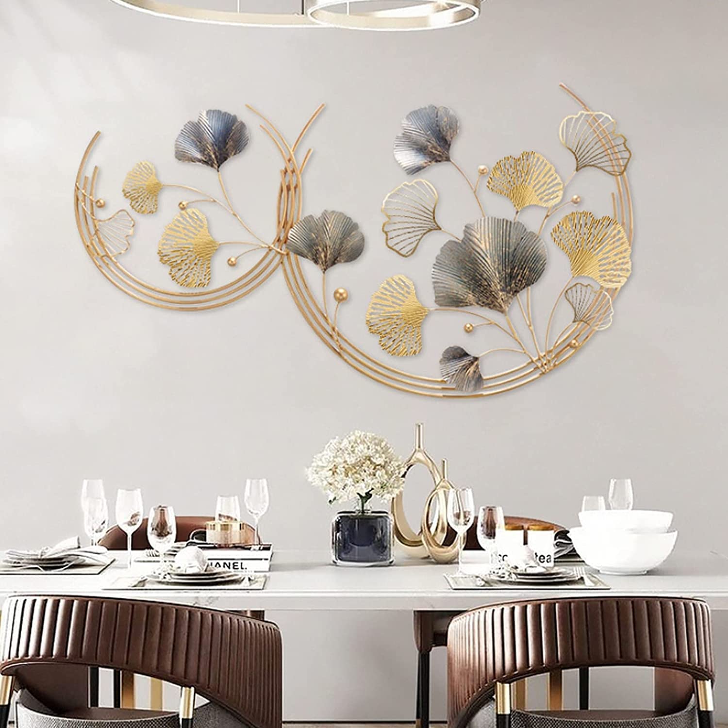 MLSJM Golden Ginkgo Leaf Metal Wall Art - Handcrafted Iron Sculpture Decor for Living Room, Bedroom, Study & Hotel - Elegant Indoor/Outdoor Wall Decor for Home & Office Spaces