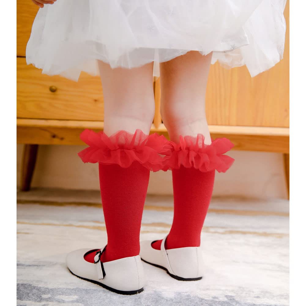 5 Pack Baby Girls High Knee Socks - Soft Tulle Frilly Stockings for Infants & Toddlers - Princess Ruffle Long Socks for Dress Up, Parties & Special Occasions