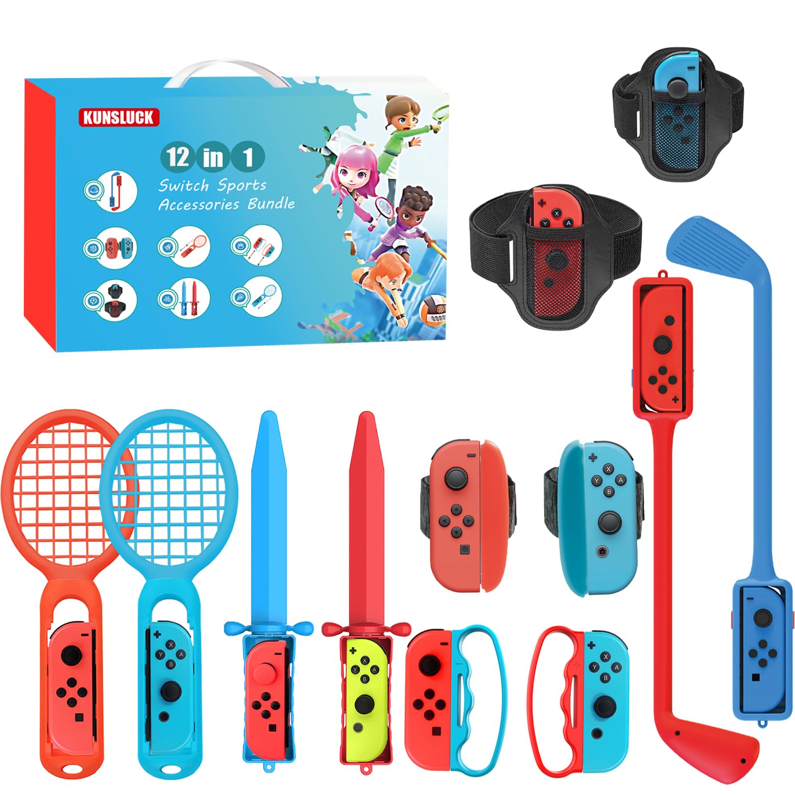 KUNSLUCK 12-in-1 Nintendo Switch Sports Accessories Bundle - Compatible with Switch & Switch OLED - Includes Tennis Racket, Golf Club & More - Perfect for Family Game Nights & Multiplayer Sports Games