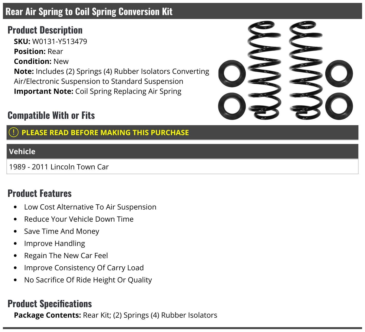 Rear Air Spring to Coil Spring Conversion Kit for 1989-2011 Lincoln Town Car - Heavy Duty Suspension Upgrade for Smoother Ride & Improved Handling - Perfect for Classic Car Restoration & Performance Enhancement