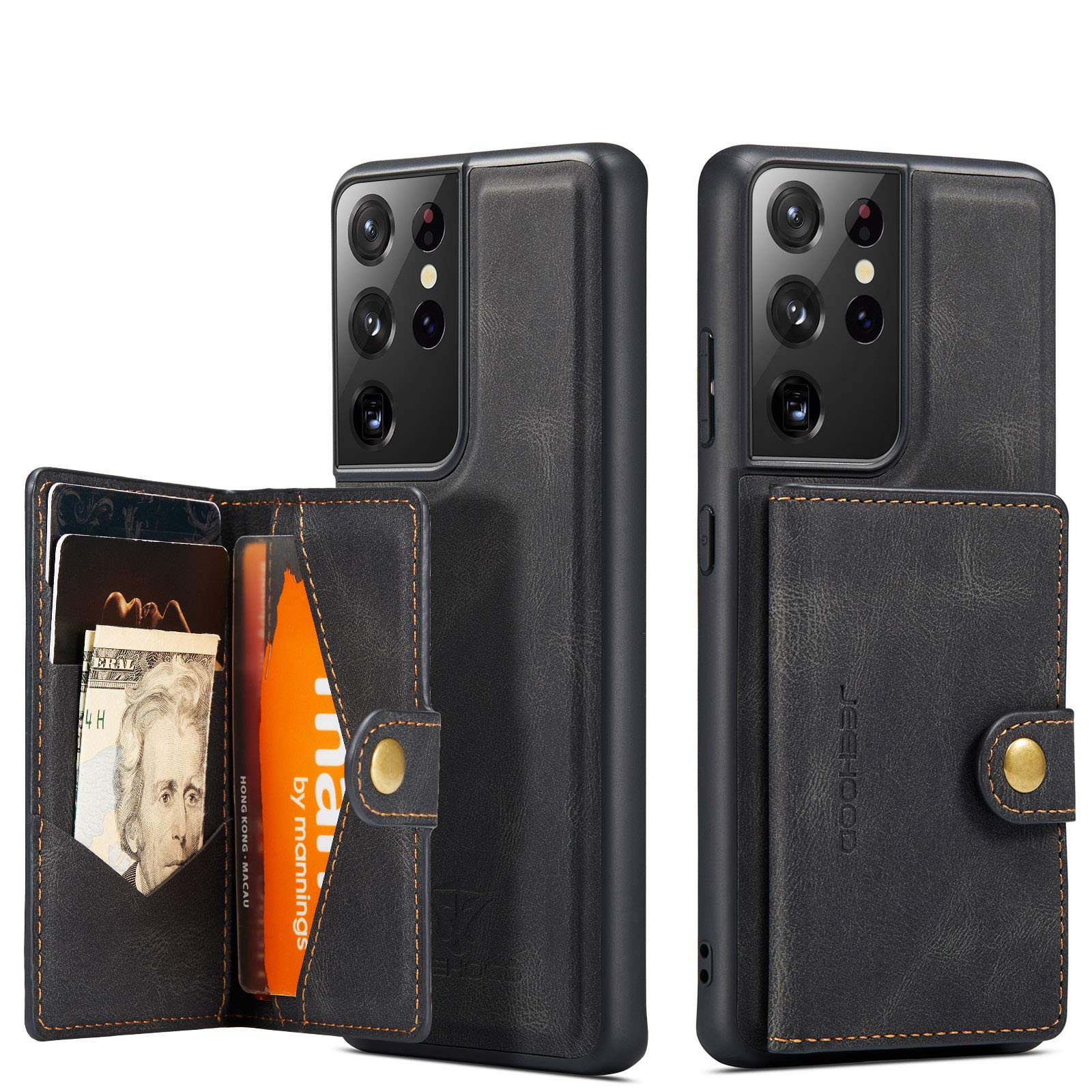 Magnetic Wallet Case for Samsung S21 Ultra - Detachable Leather Credit Card Holder with Money Clip | Front Pocket Stand | Shockproof & Wireless Charging Compatible | for Men & Women (Black) | Perfect for Everyday Use, Travel & Business Meetings