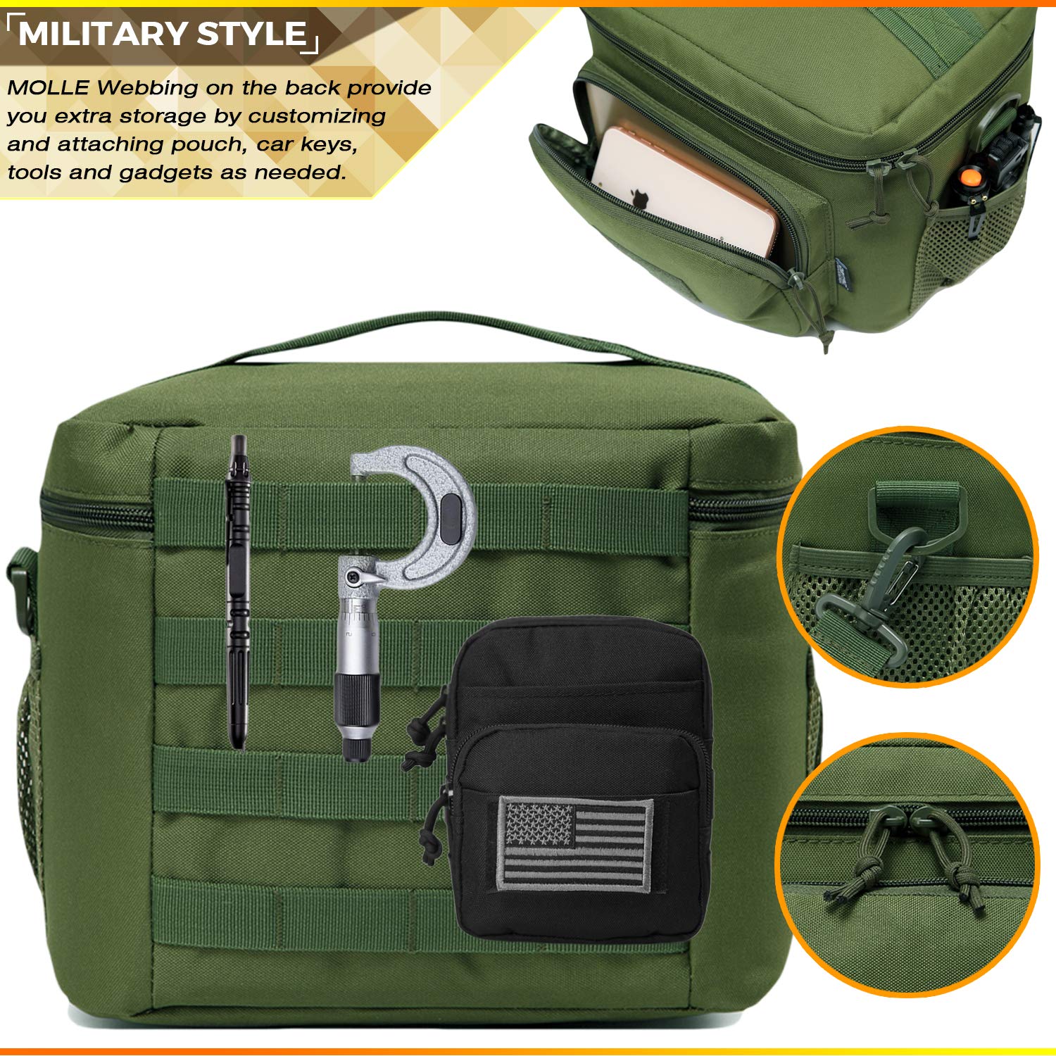 Insulated Tactical Lunch Bag for Men & Women - 12 Can Capacity, Leakproof 9L Cooler Tote for Work, Office, Outdoor & Travel | Soft Easy-Clean Liner (2 Included) | OD Green | Perfect for Camping, Hiking, Picnics & Daily Commute