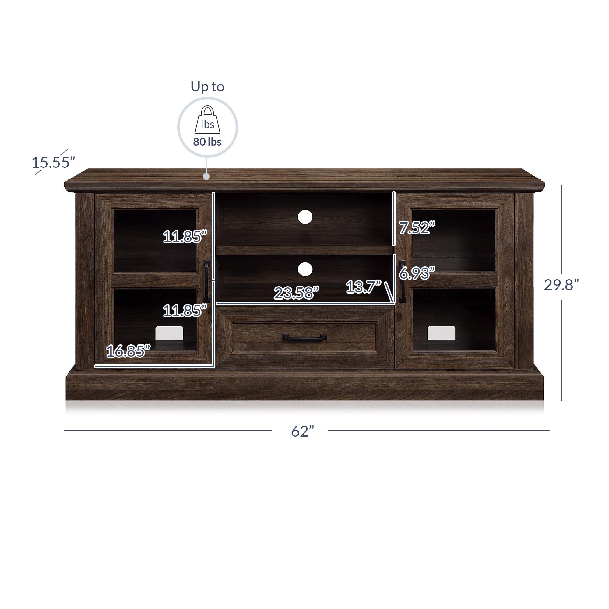 BELLEZE Rustic 62 Inch Modern TV Stand for 70 Inch TVs - Dark Walnut Entertainment Center with Adjustable Shelves & Glass Cabinet Doors - Perfect for Living Room, Bedroom & Home Theater Setup