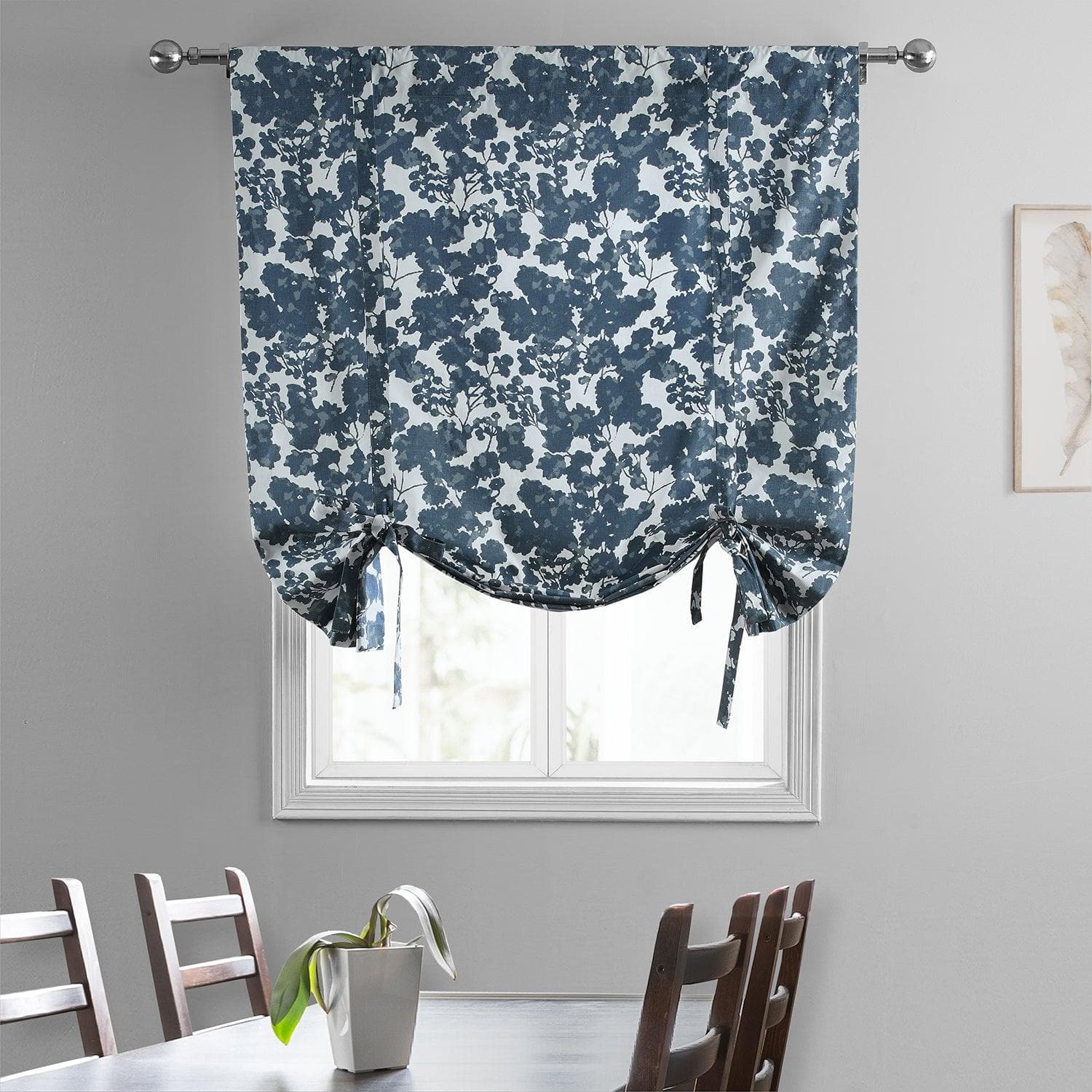 Fleur Blue Floral Printed Cotton Blackout Window Curtain - Elegant Tie-Up Shade for Bedroom, Living Room & Nursery Light Control