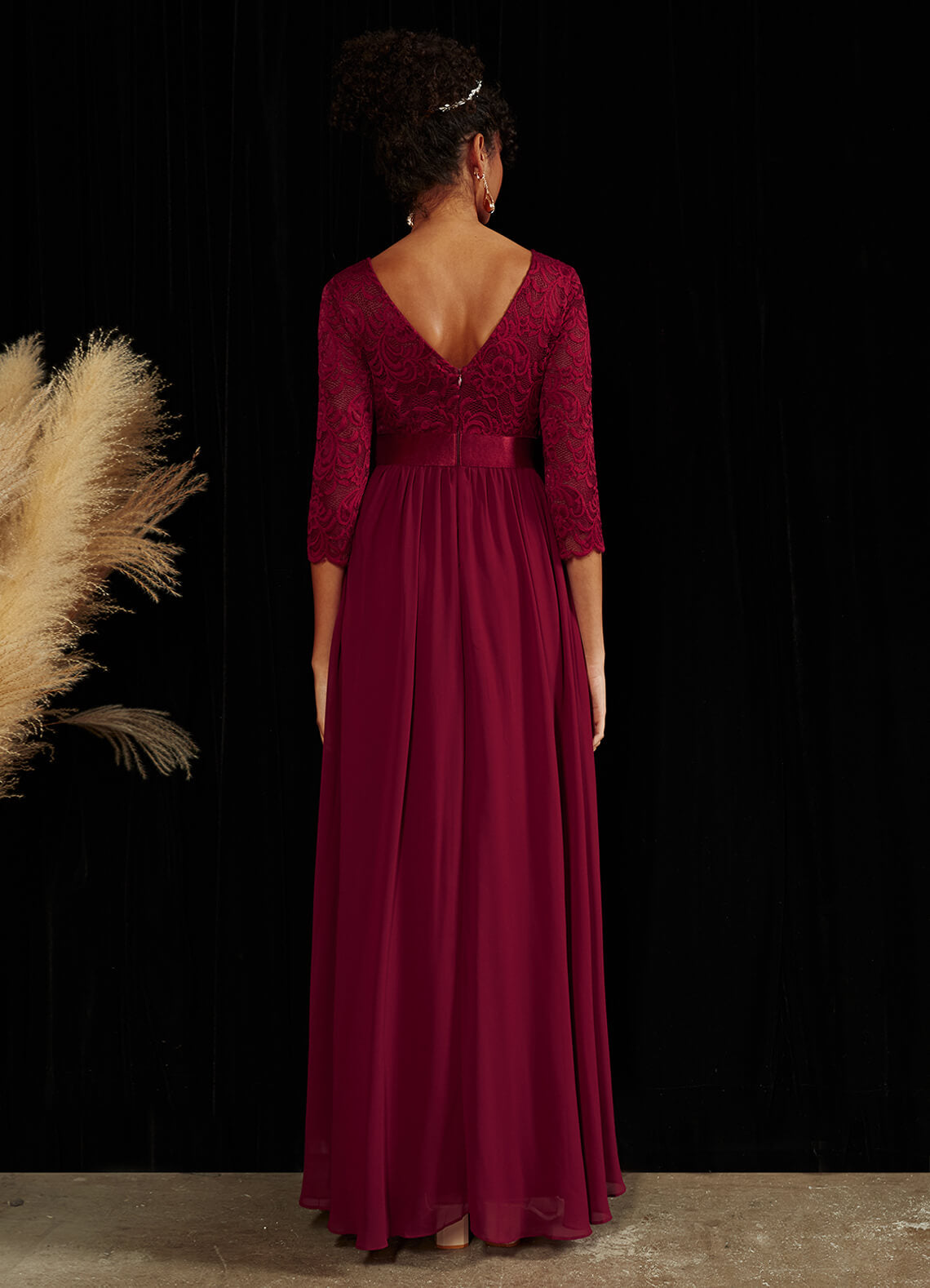 Elegant Burgundy 3/4 Sleeve Boat Neck Floor Length Lace Mother of the Bride Dress - Perfect for Weddings, Formal Events & Special Occasions