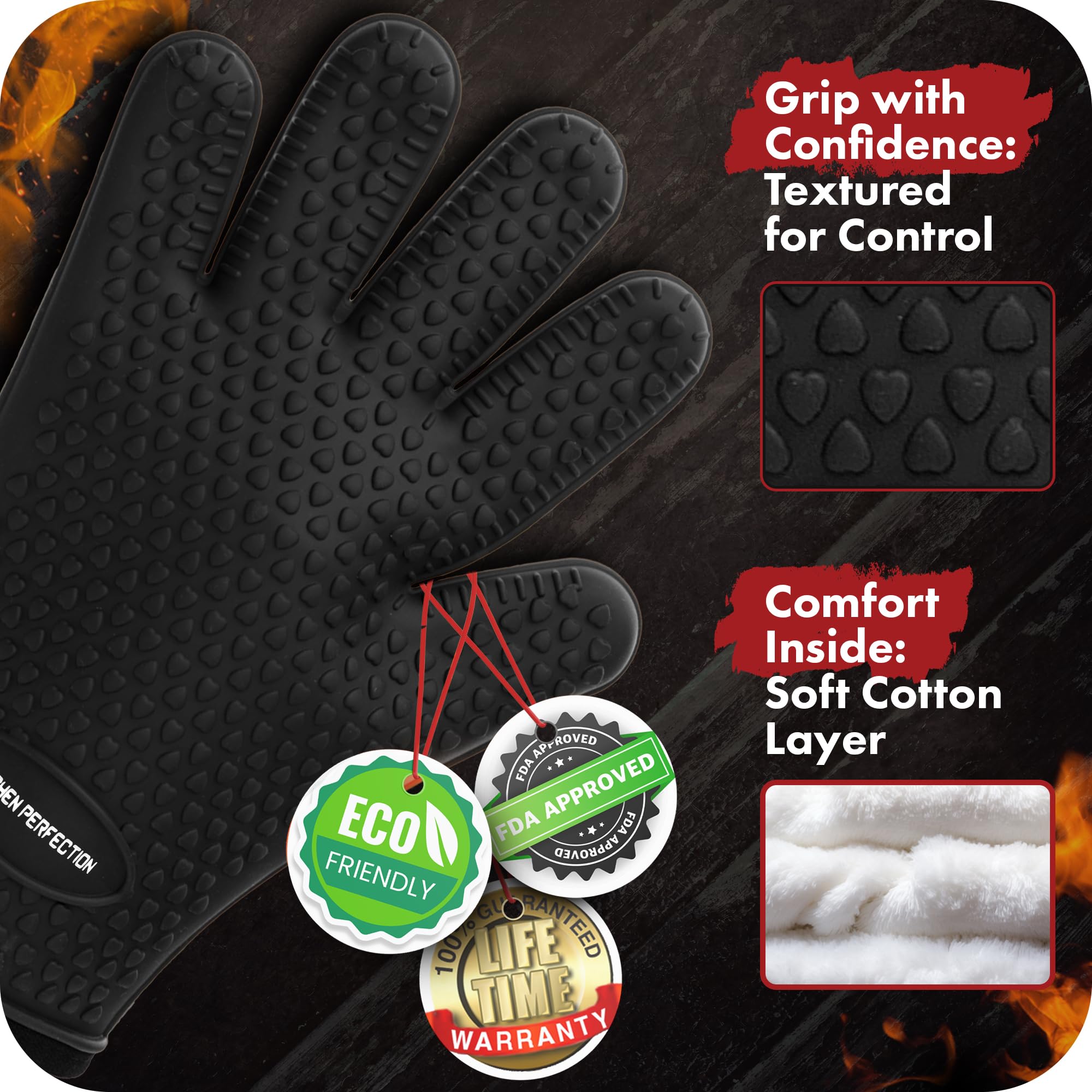 KITCHEN PERFECTION Heat Resistant Silicone BBQ Gloves for Smoker, Oven & Grill - Waterproof Oven Mitts for Extreme Temperatures - Premium Value Set with 3 Bonus Accessories - Perfect for Smoking, Grilling, Frying & Outdoor Cooking