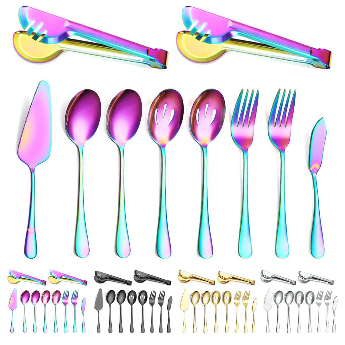 Rainbow Stainless Steel Serving Utensil Set - 12 Piece Kitchen Tools Including Serving Spoons, Slotted Spoons, Forks, Cake Server, Butter Knife & Tongs - Dishwasher Safe for Parties, BBQs & Family Dinners