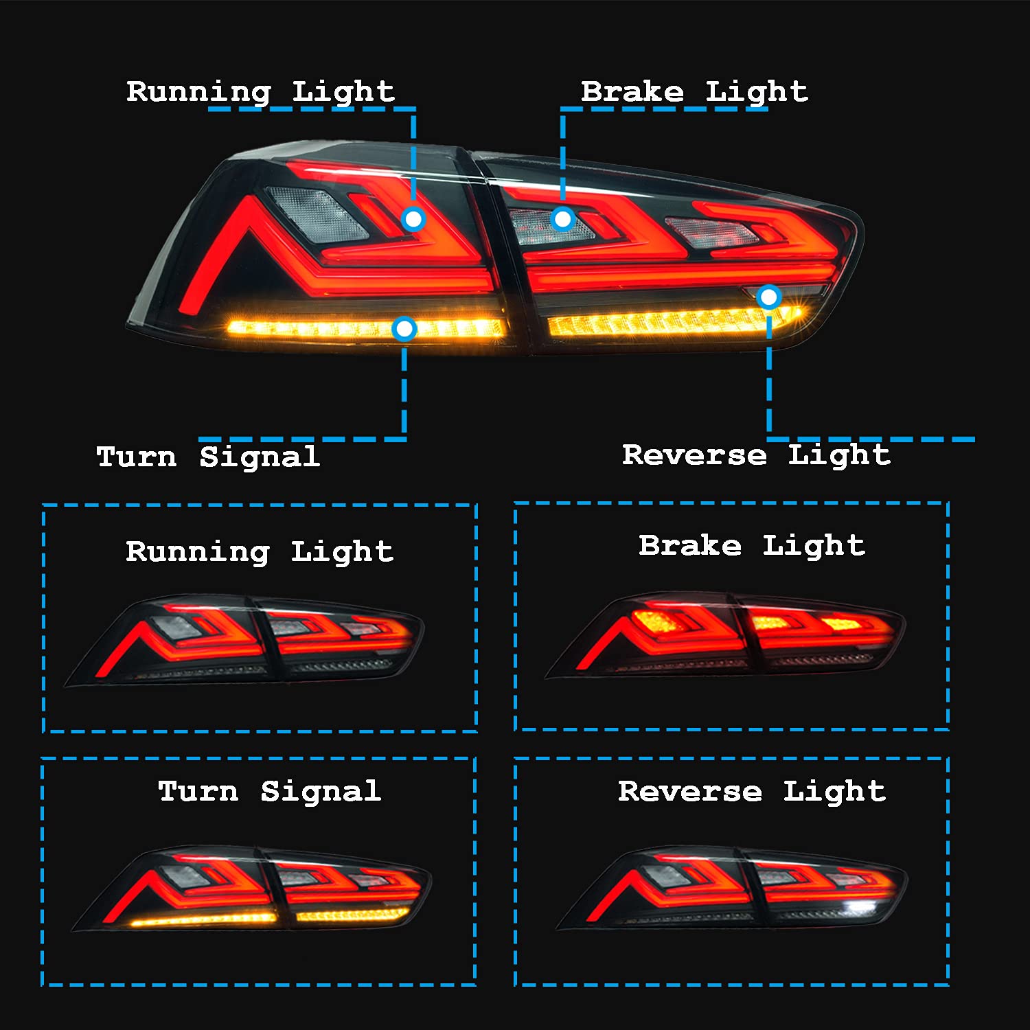 Ingenuity Time LED Tail Lights for Mitsubishi Lancer & Lancer EVO 2008-2017 - Smoke Lens with Startup Animation, DRL, Brake & Sequential Turn Signals - Rear Lamp Assembly - Perfect for Night Driving & Car Customization