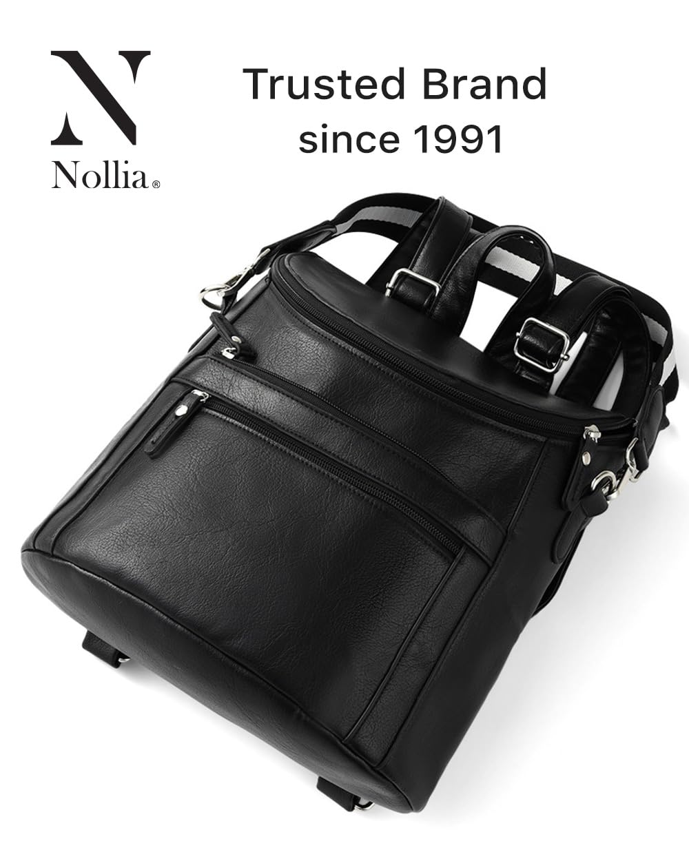 Nollia Women's Black Leather Mini Backpack - Adjustable Strap Daypack for Travel & Work