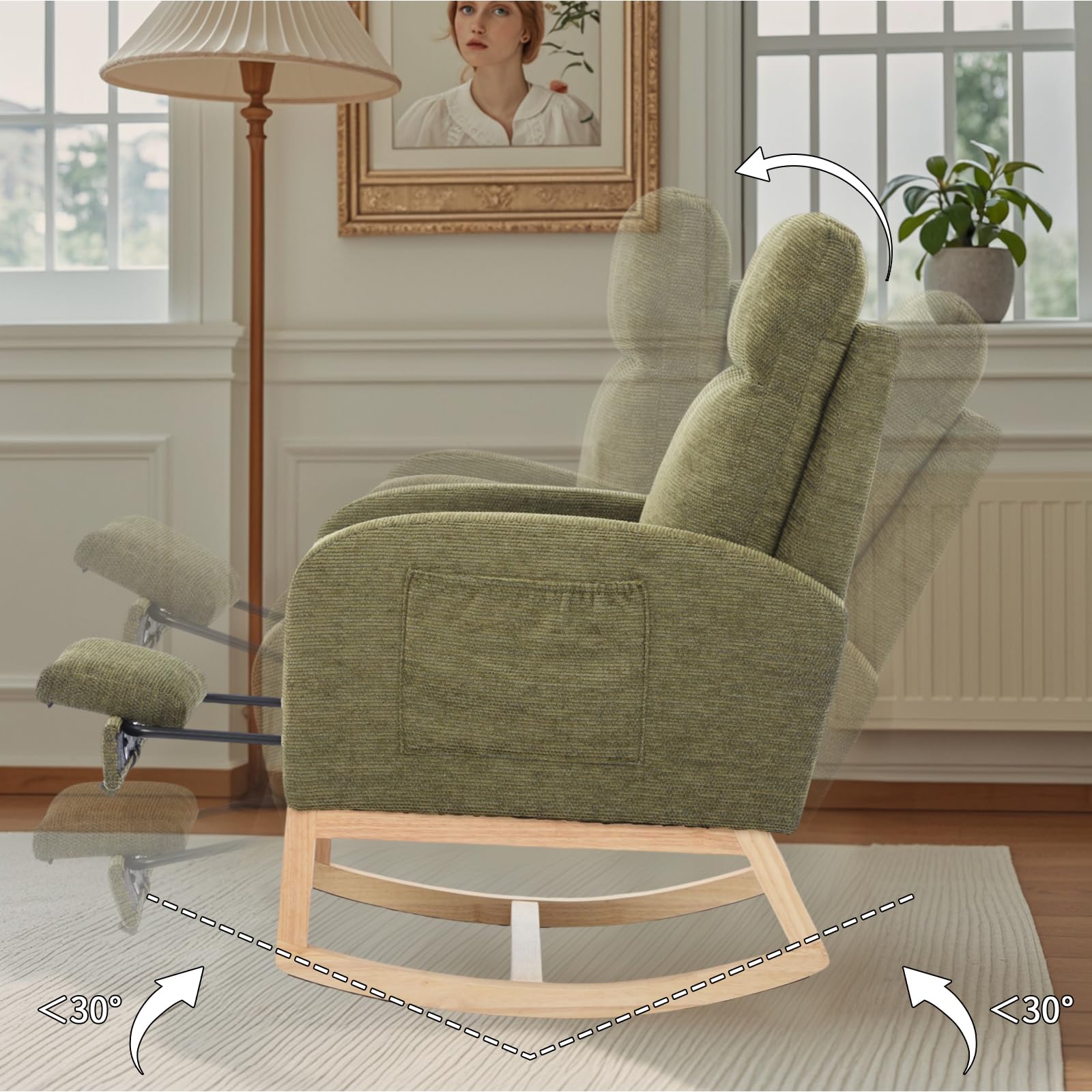 Comfortable Nursery Rocking Chair with Adjustable Footrest - Soft Teddy Fabric, Solid Wood Legs, High Back Support & Side Pockets (Cyan) - Perfect for Baby Nurseries, Living Rooms & Breastfeeding Moms
