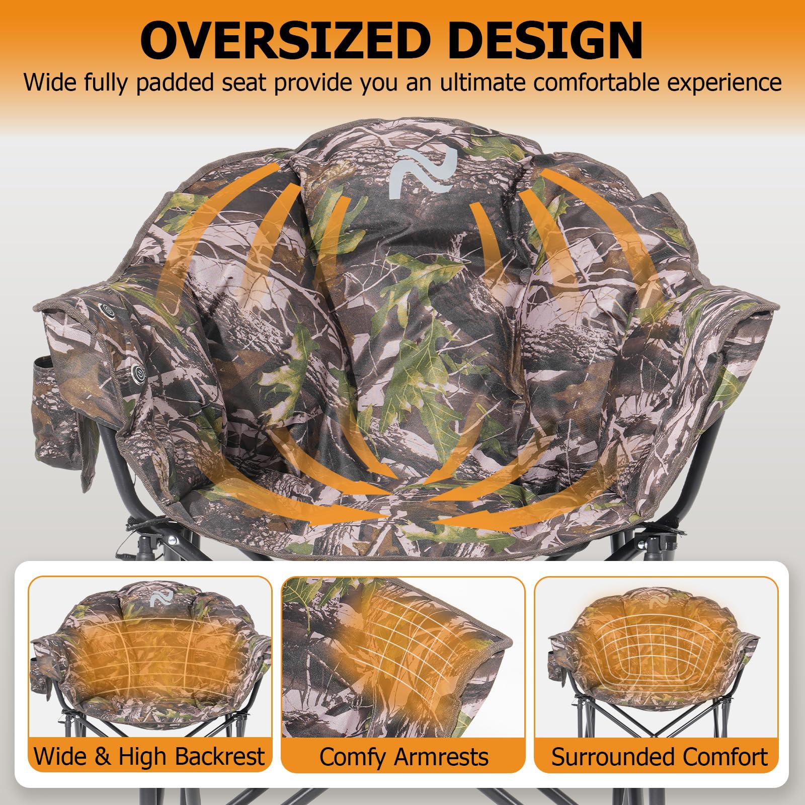 LILYPELLE Oversized Heated Camping Chair - 3 Adjustable Heat Levels, Portable Folding Outdoor Lounge Chair with Round Moon Saucer Design for Patio, Backyard, Beach & Camping | Perfect for Winter Camping, Tailgating & Outdoor Relaxation
