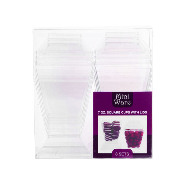 7 oz. Square Plastic Cups with Lids - 8 Pack | Durable & Reusable Party Cups for Drinks, Cocktails, and Beverages at Home, Office, or Outdoor Events