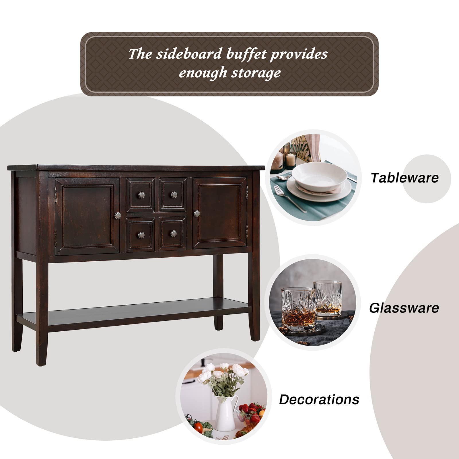 Distressed Buffet Sideboard - Retro Wooden Console Table for Kitchen, Dining & Living Room - Coffee Station & Storage