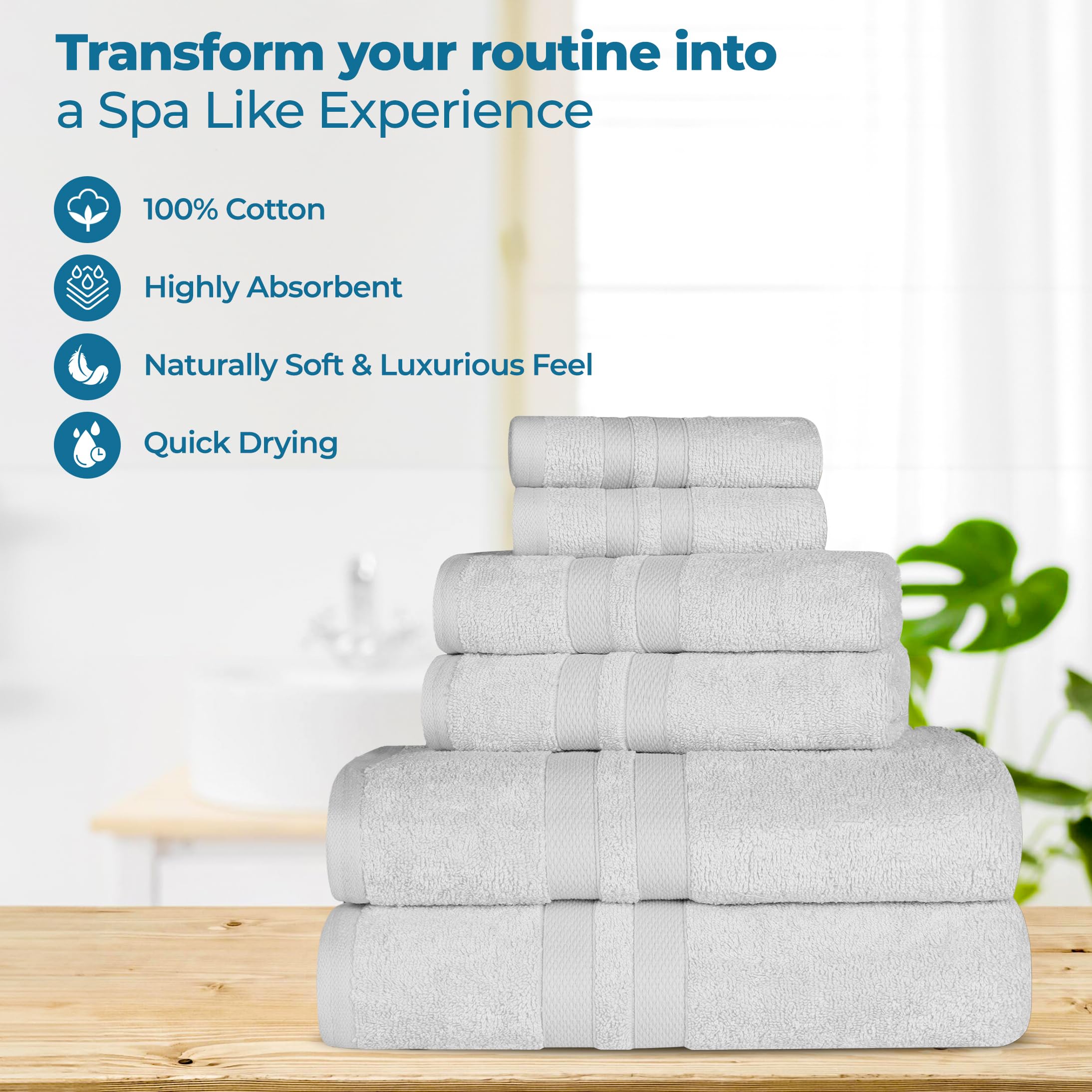 BNM Ultra-Soft Cotton Towel Set - 6 Piece Bath & Hand Towels with Washcloths | Quick-Dry, Absorbent & Luxurious | Shower, Spa & Home Essentials | Silver Double Line Dobby Border | Perfect for Bathrooms, Guest Rooms & Gym Use