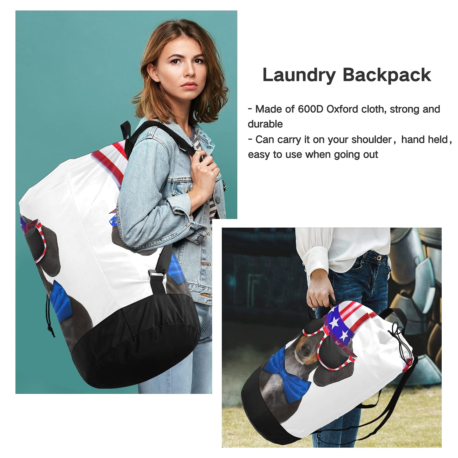 Dachshund Sausage Dog USA Flag Backpack - Adjustable Shoulder Straps Laundry Bag & Drawstring Hamper Basket for Dirty Clothes, Toy Storage - Perfect for Dorm, Travel, Camping & Pet Lovers